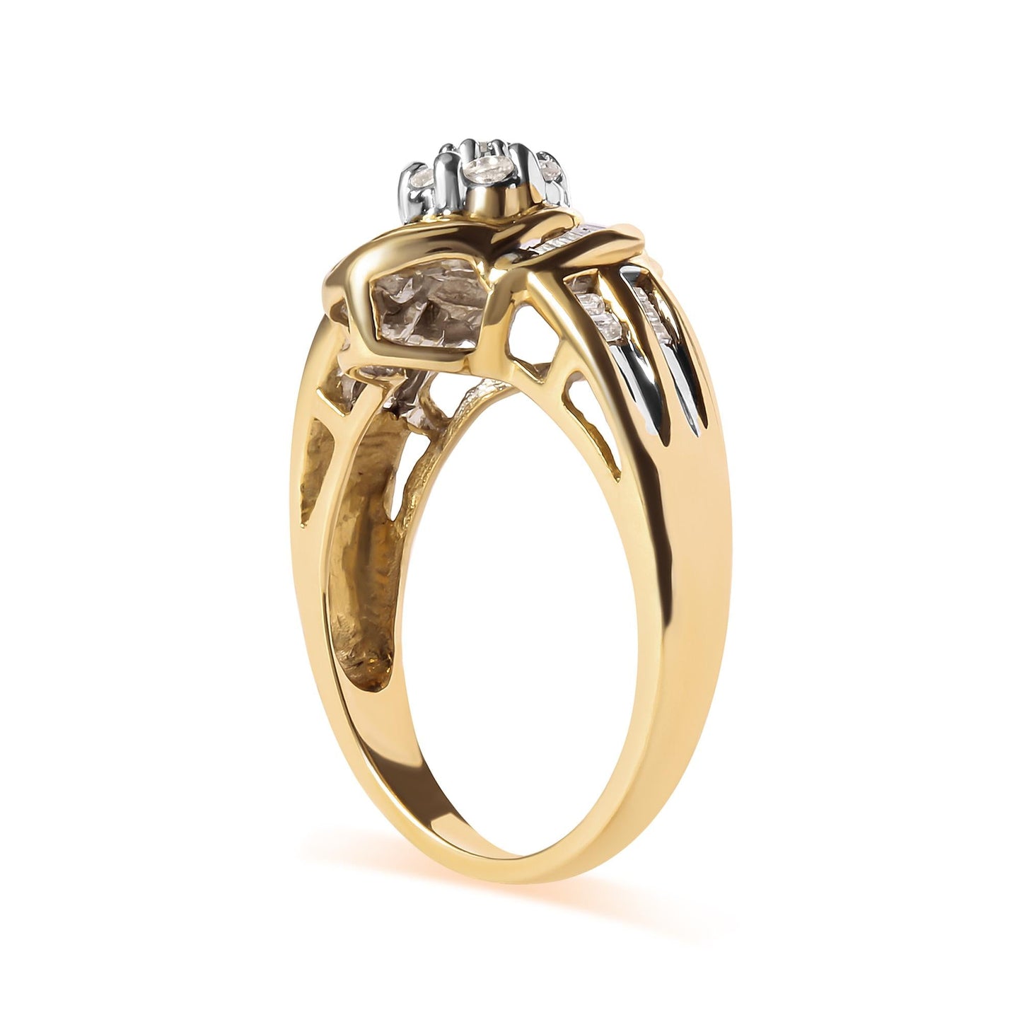 10K Yellow Gold 1/2 Cttw Round and Baguette Diamond Flower Swirl Cocktail Ring