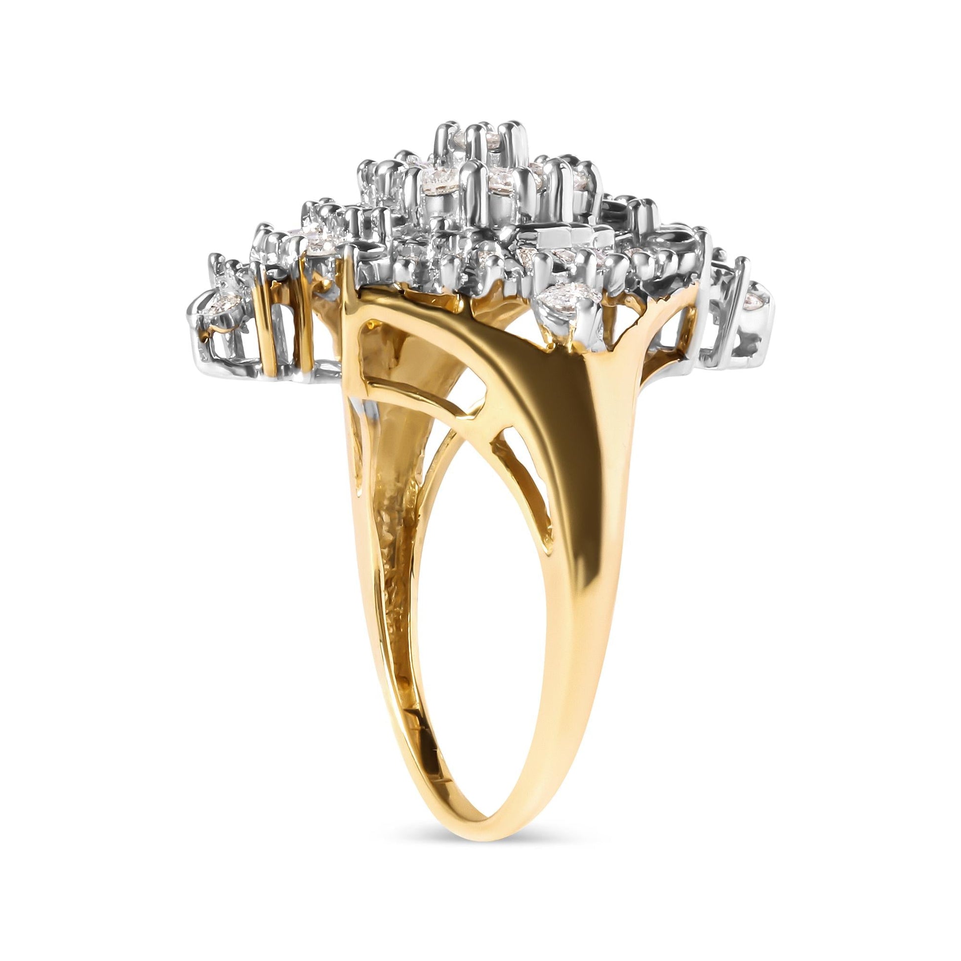 10K Yellow Gold 1 Cttw Round and Baguette cut Diamond Cluster and Rhombus Halo