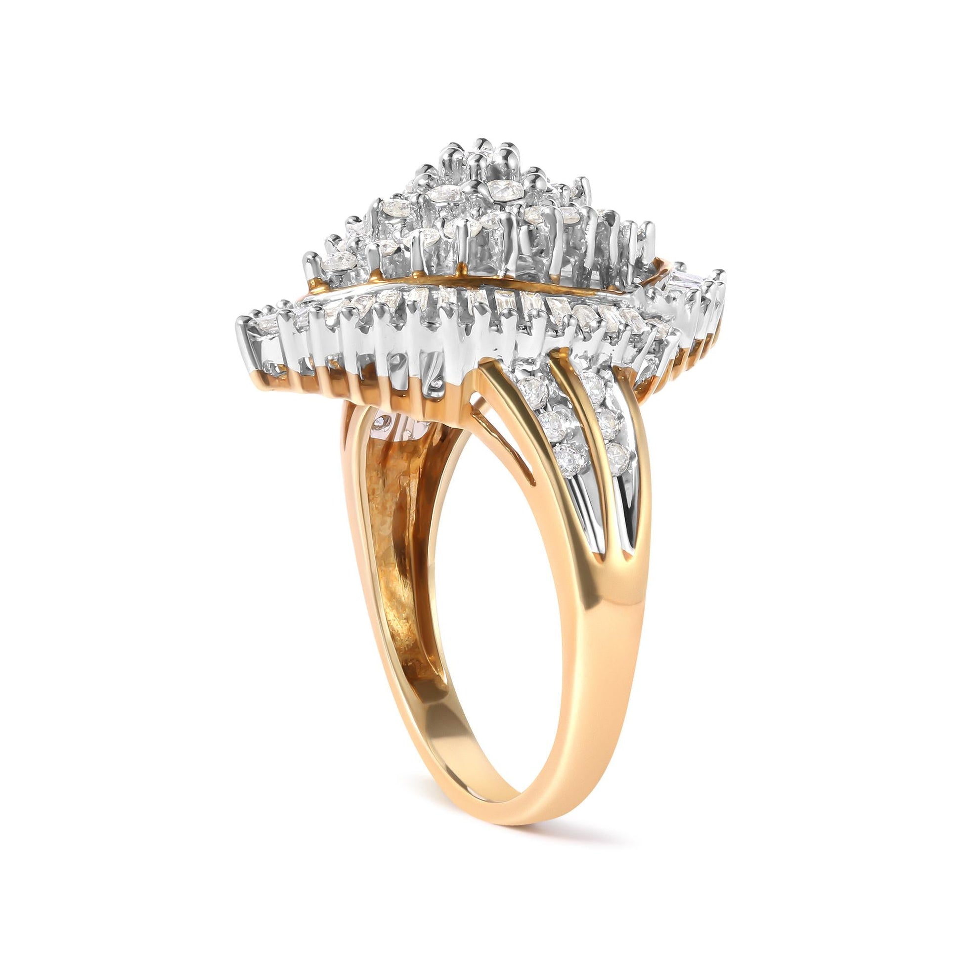 10K Yellow Gold 1.0 Cttw Round and Baguette-Cut Diamond Cluster Ring (I-J Color