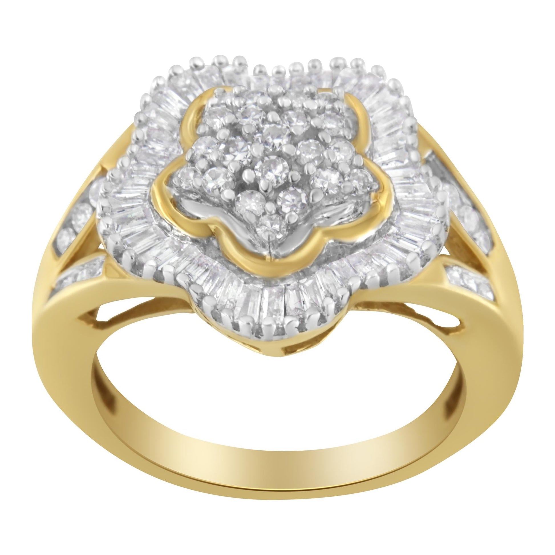 10KT Yellow Gold Round and Baguette Cut Diamond Ballerina Ring (1 cttw I-J