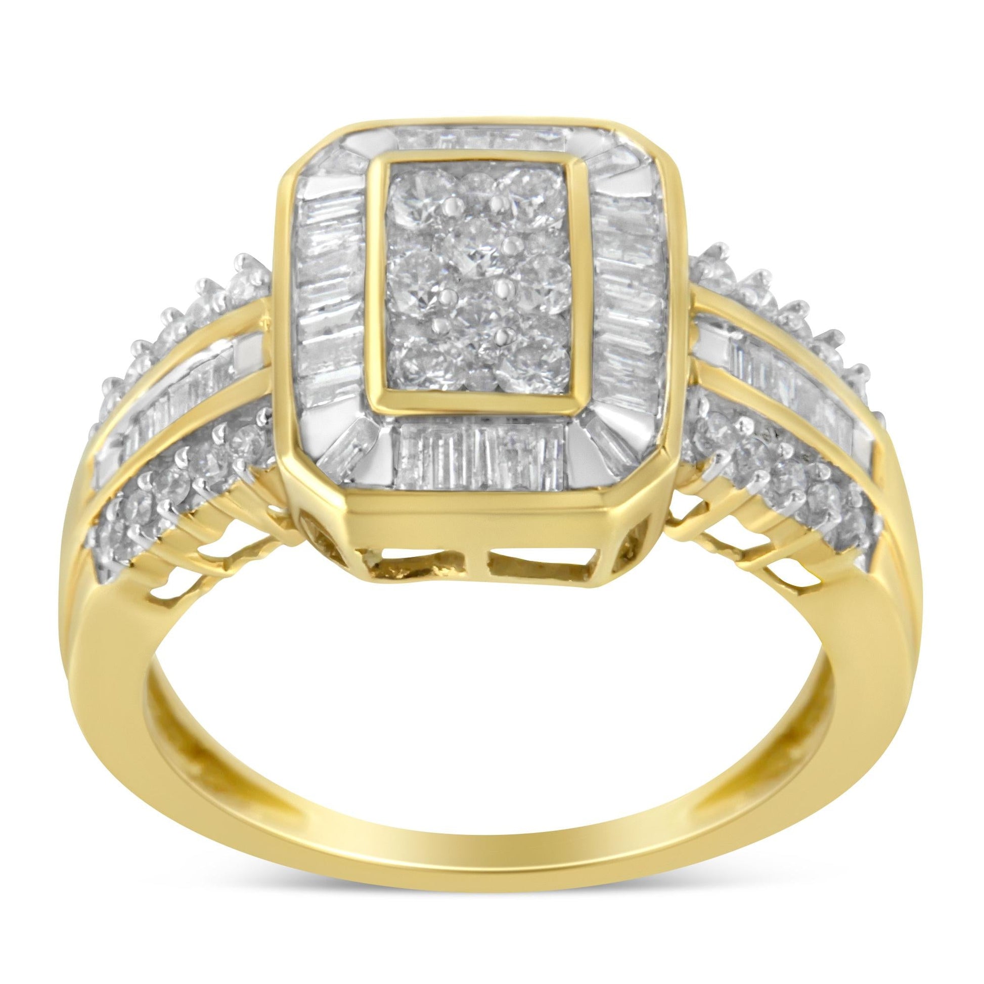 10K Yellow Gold Round and Baguette-Cut Diamond Cocktail Ring (1.0 Cttw H-I