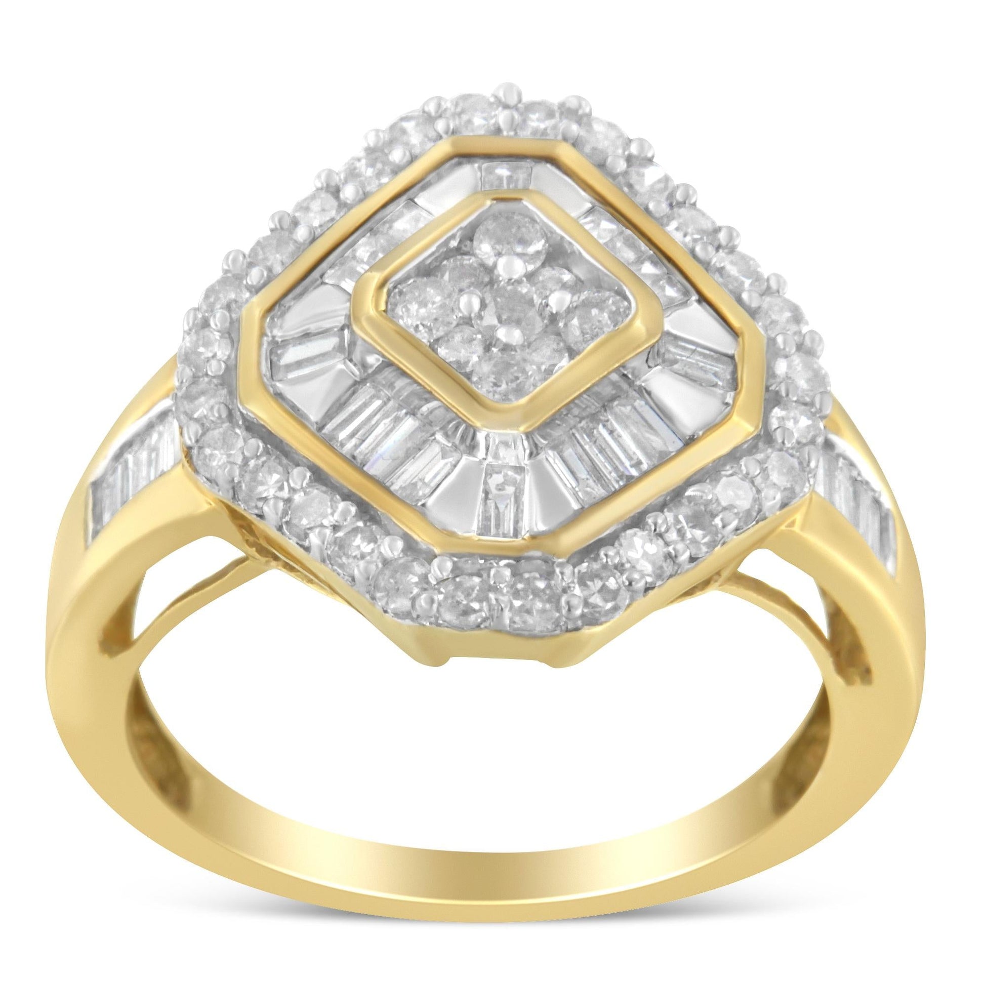 10K Yellow Gold Round and Baguette-Cut Diamond Cocktail Ring (1.0 Cttw I-J