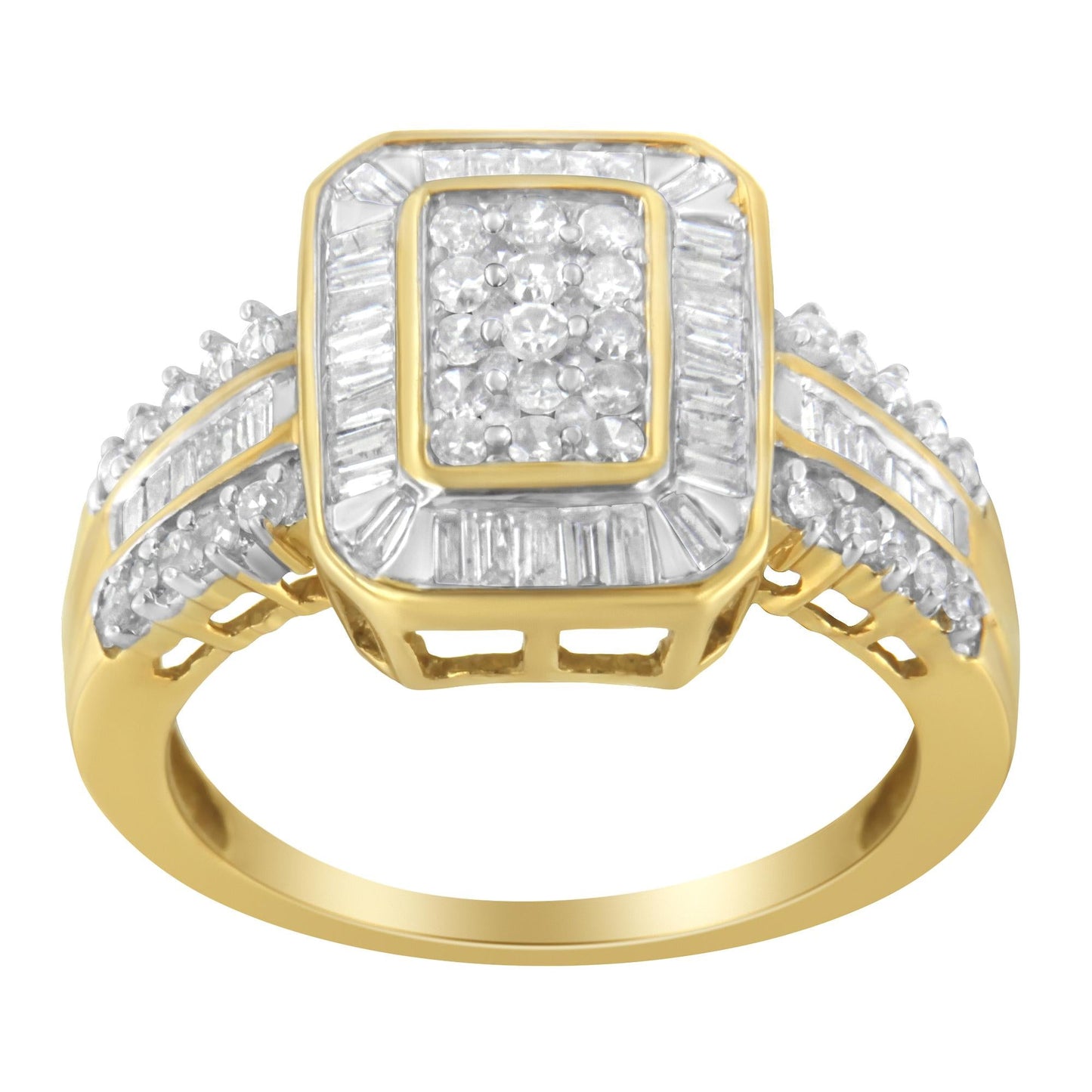 10K Yellow Gold Round and Baguette-Cut Diamond Cluster Ring (1.0 Cttw I-J Color