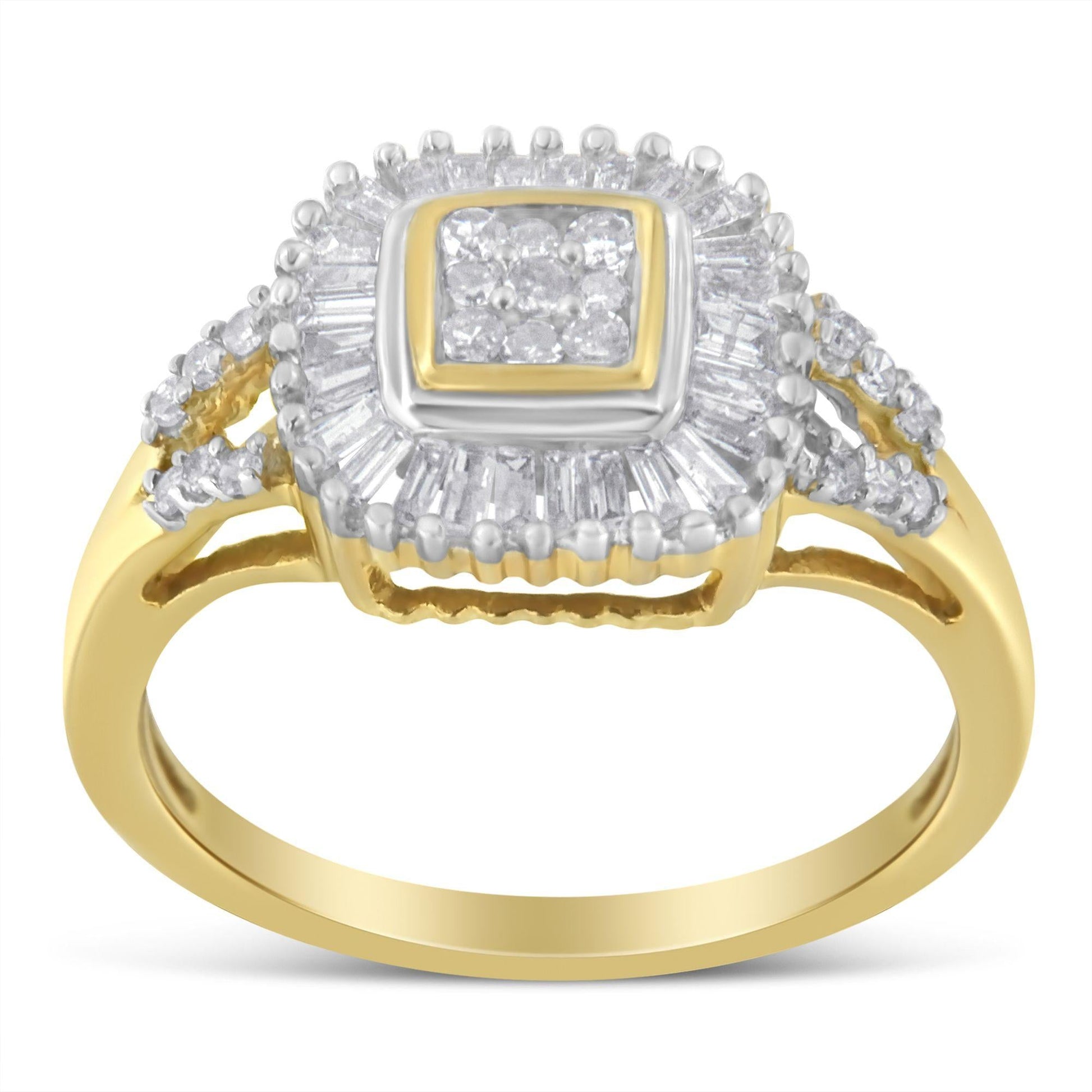 10K Yellow Gold Round and Baguette Cut Diamond Ballerina Ring (1/2 cttw I-J