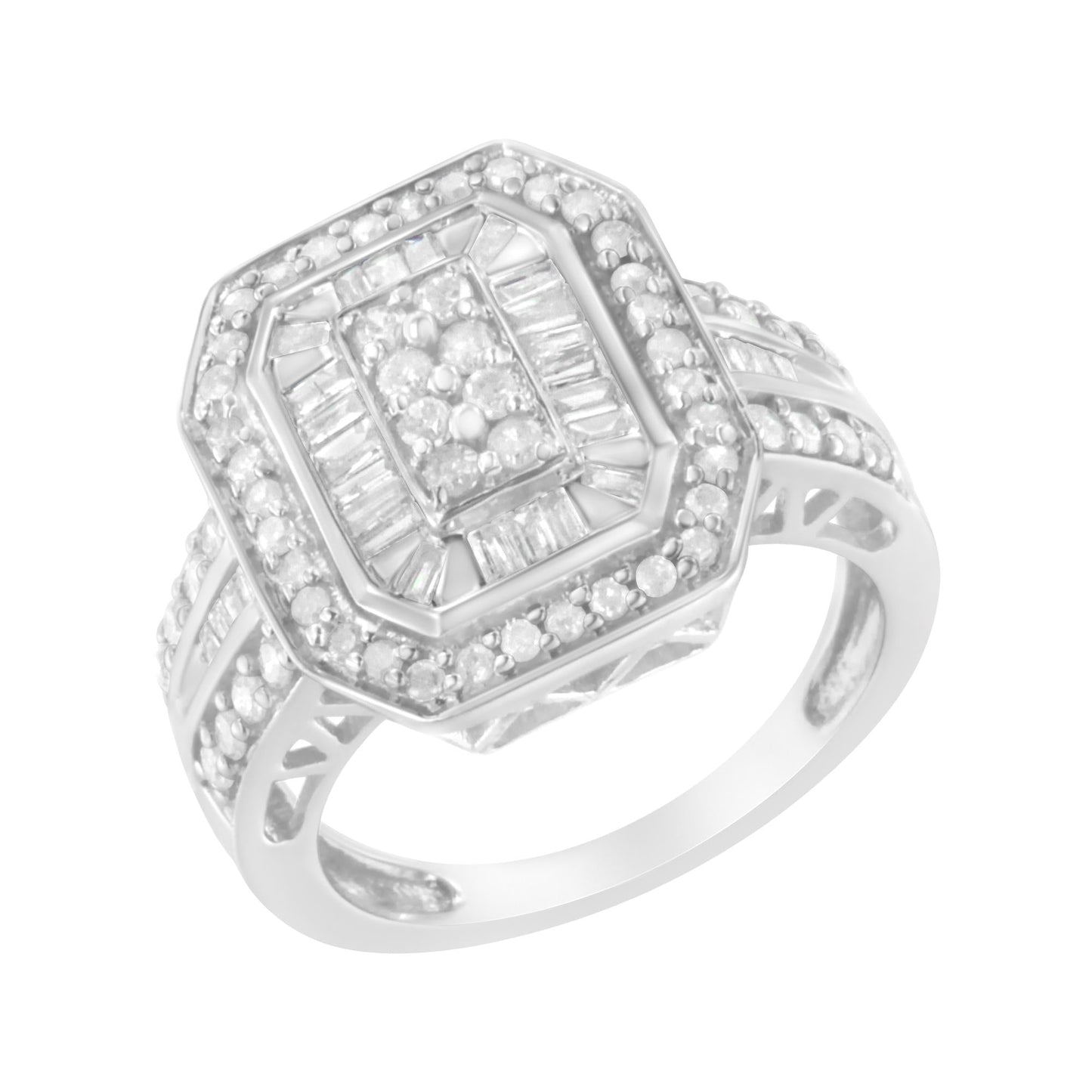 .925 Sterling Silver Round and Baguette Diamond Cathedral Ring (0.75 Cttw H-I