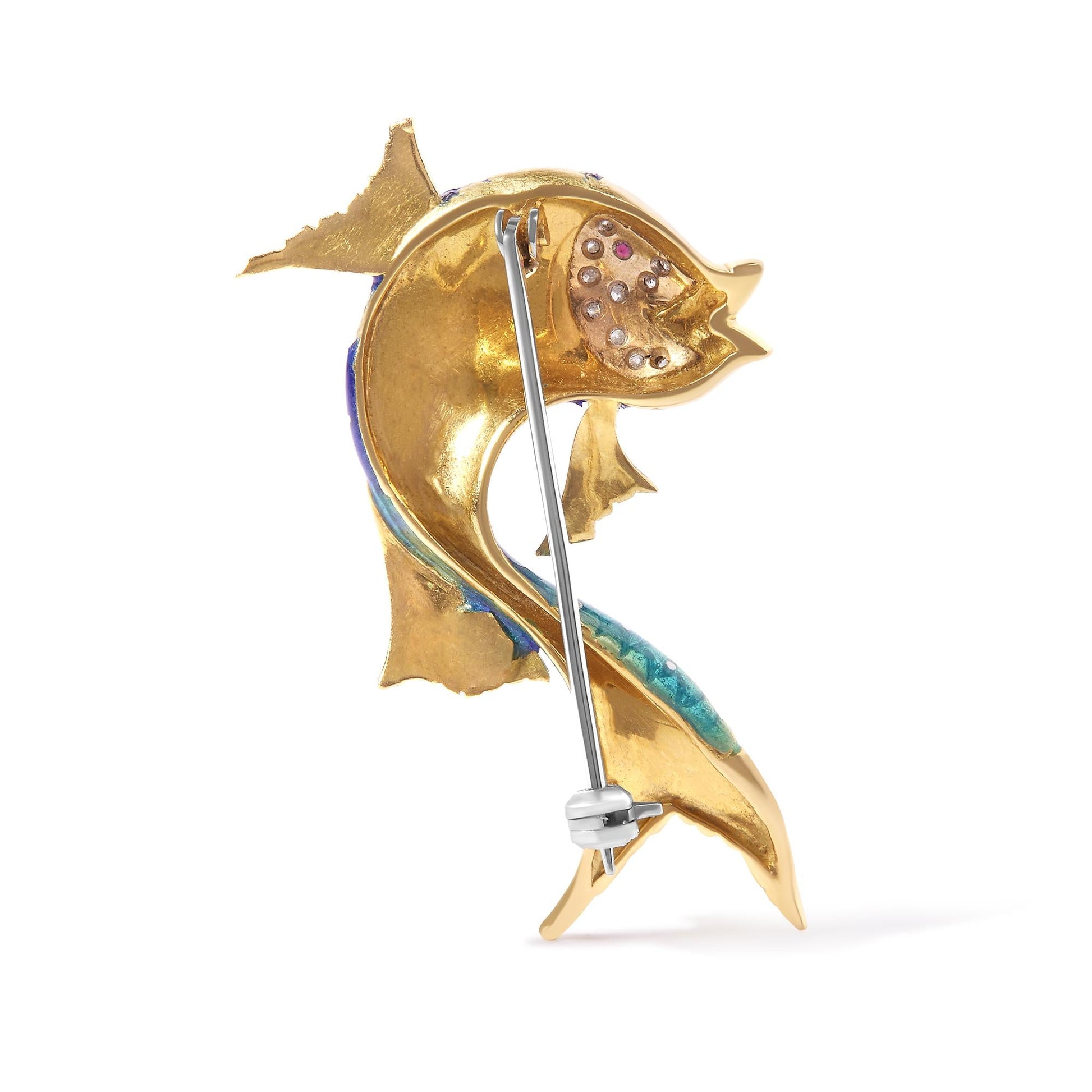 18K Yellow Gold and Blue Enamel Diamond and Pink Sapphire Fish Brooch Pin (H-I