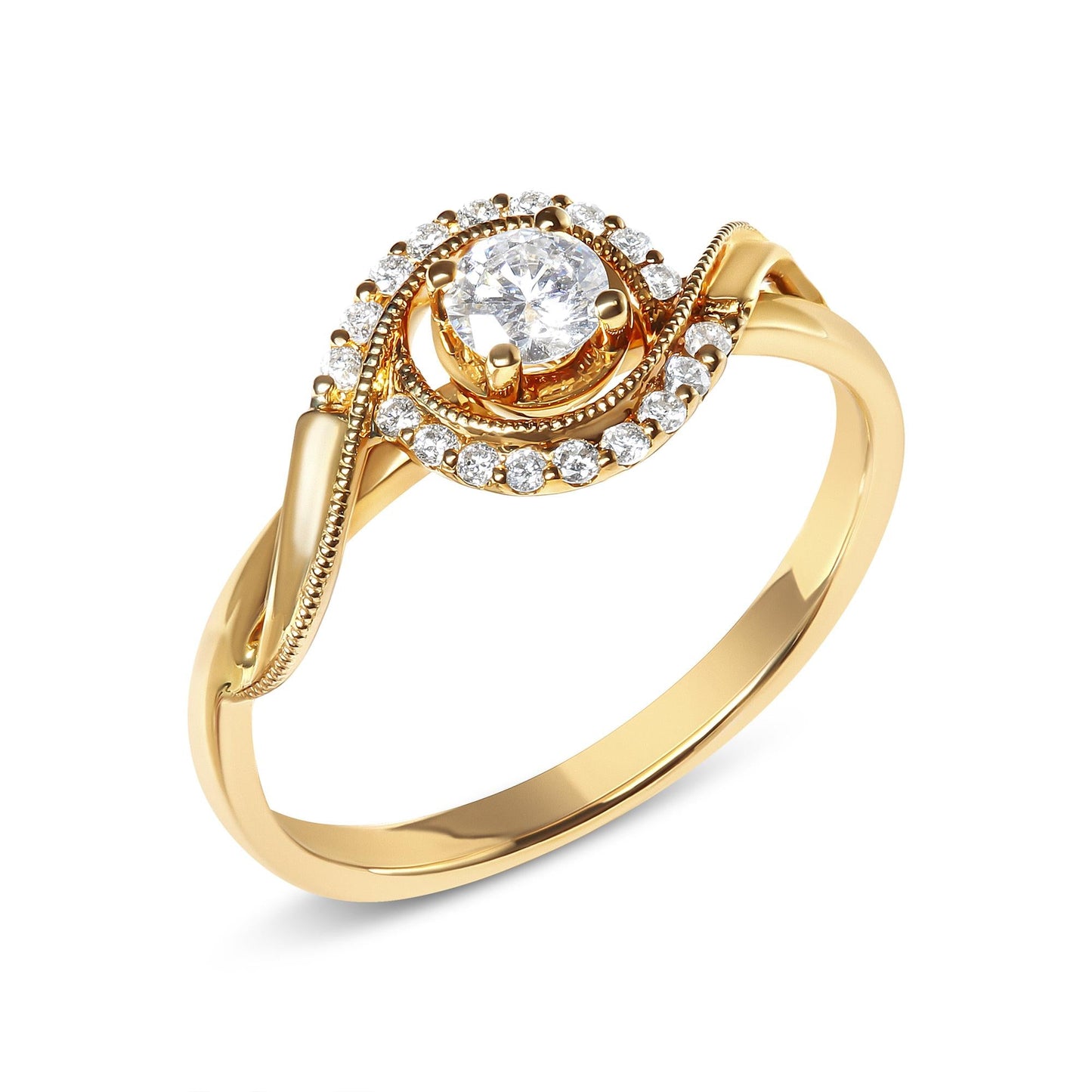 14K Yellow Gold 1/3 Cttw Diamond Solitaire and Halo Swirl Engagement Ring (G-H Color, VS2-SI1 Clarity)- Size 7