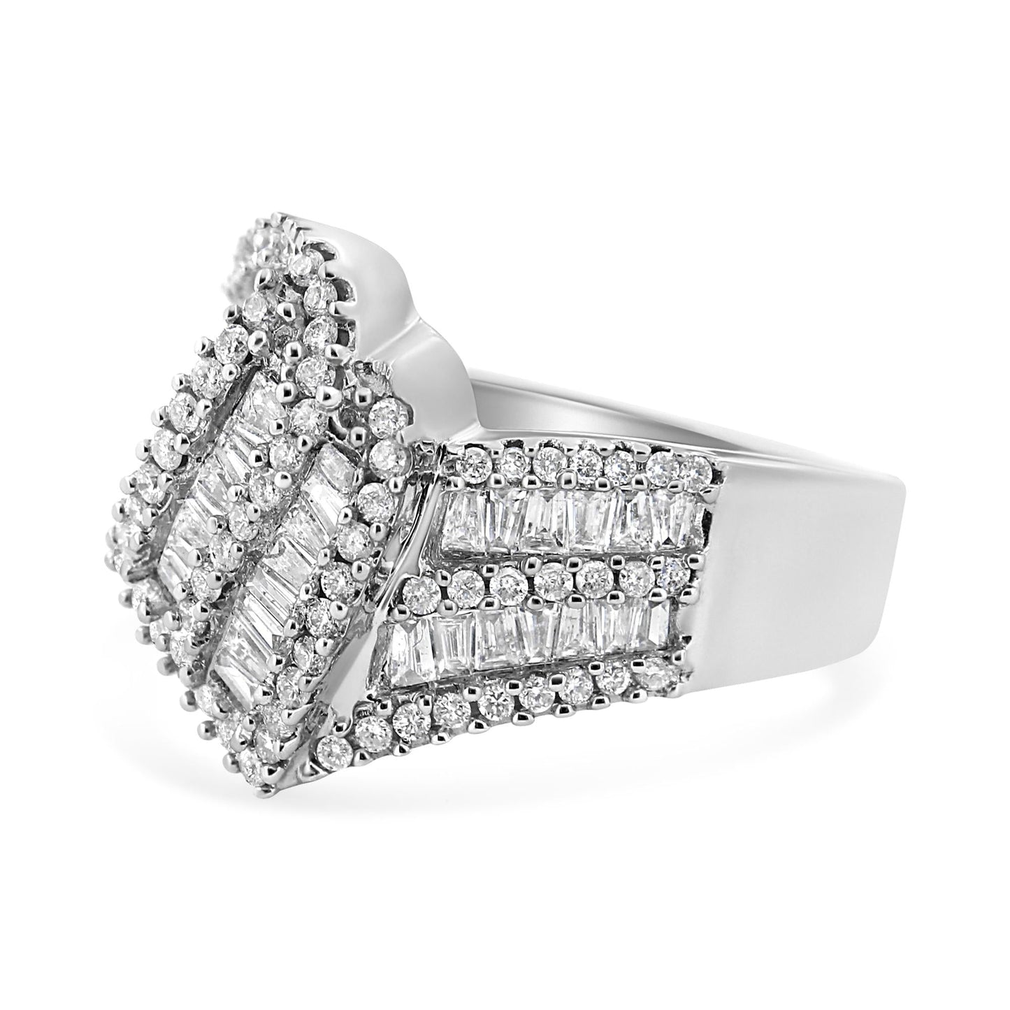 14K White Gold 1-1/2 Cttw Round and Baguette Diamond Bypass Cocktail Ring Band