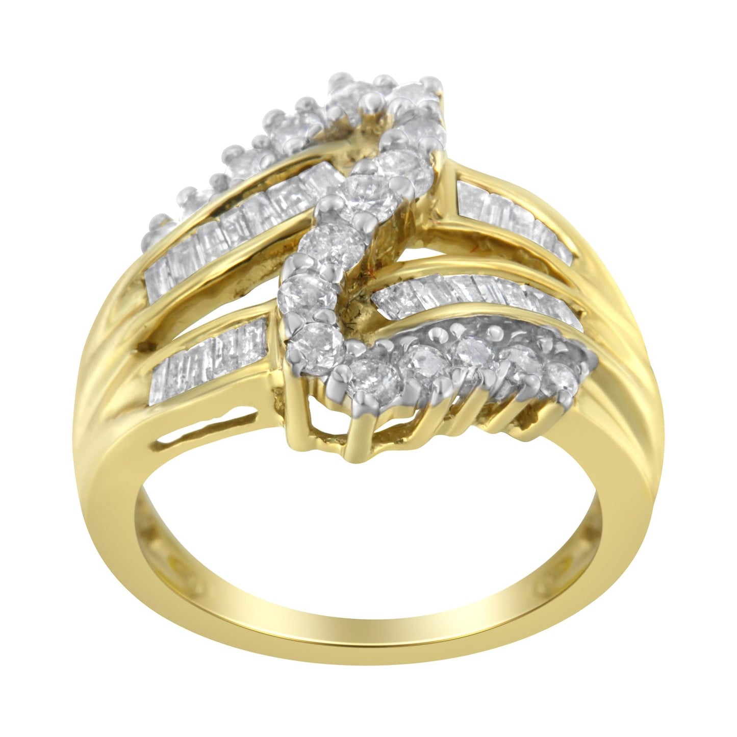 10K Yellow Gold Round and Baguette Cut Diamond Bypass Ring (1 Cttw J-K Color