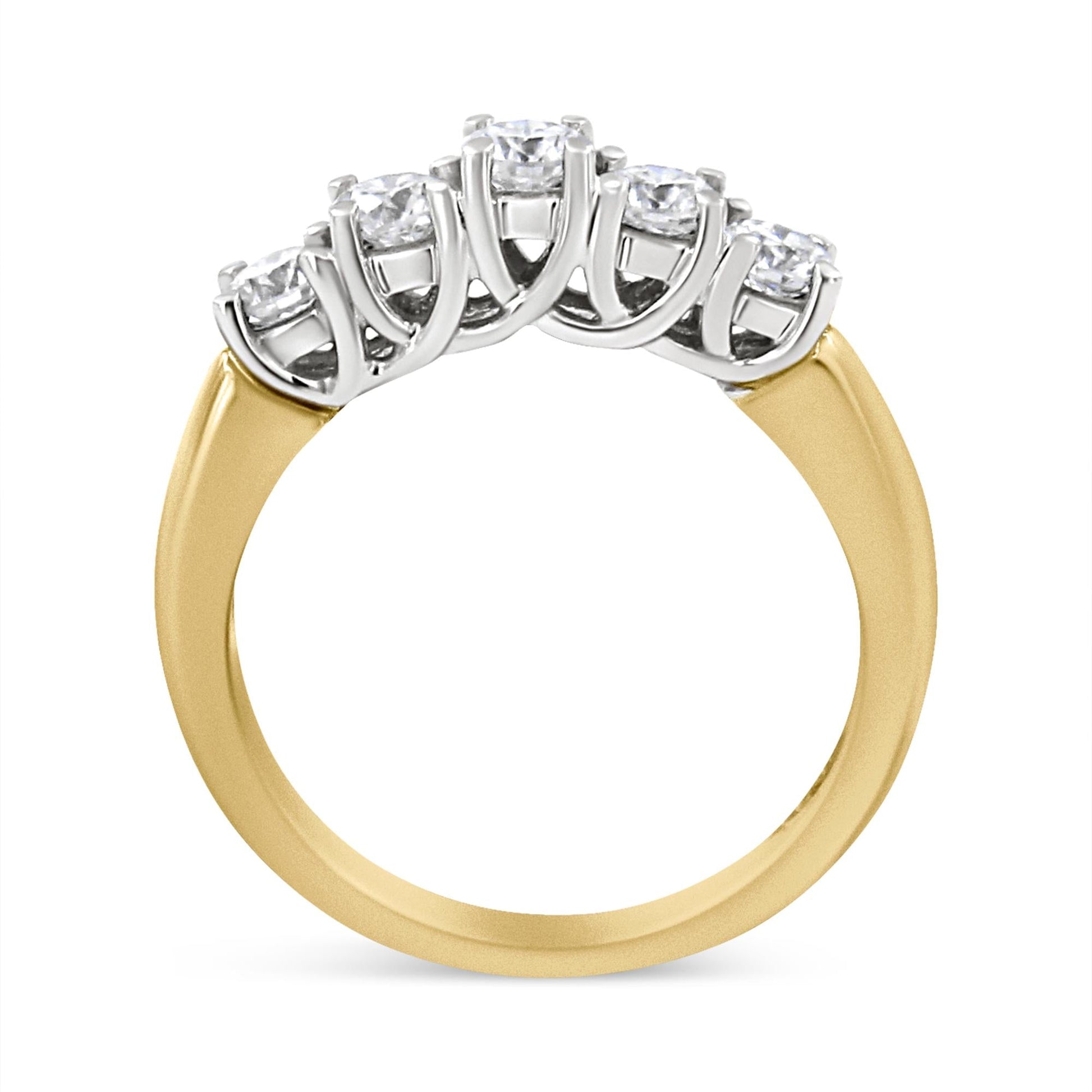 18K Yellow Gold 1.0 Cttw 4 Prong Set Round Cut Diamond Step up 5 Stone Ring