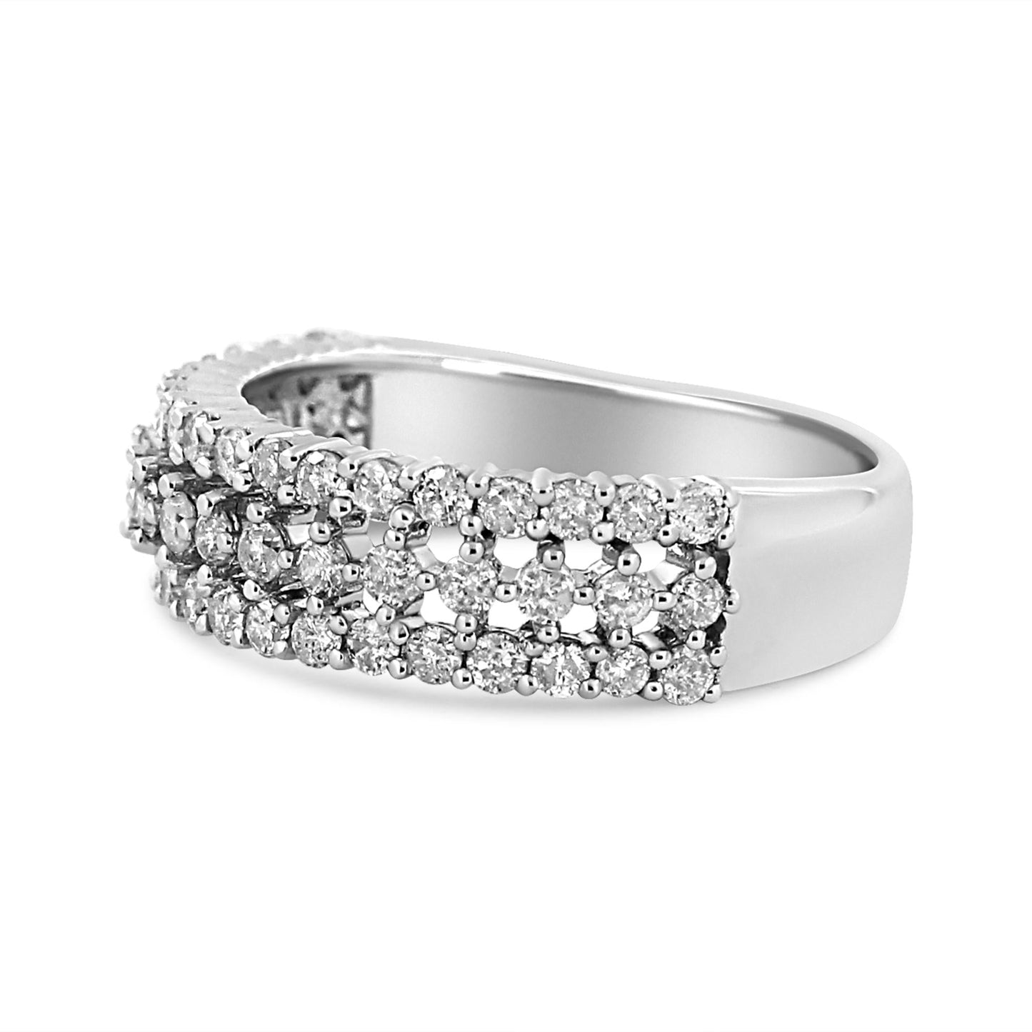 14K White Gold 1.0 Cttw Prong Set Round Diamond Split Shank Three Row Band Ring