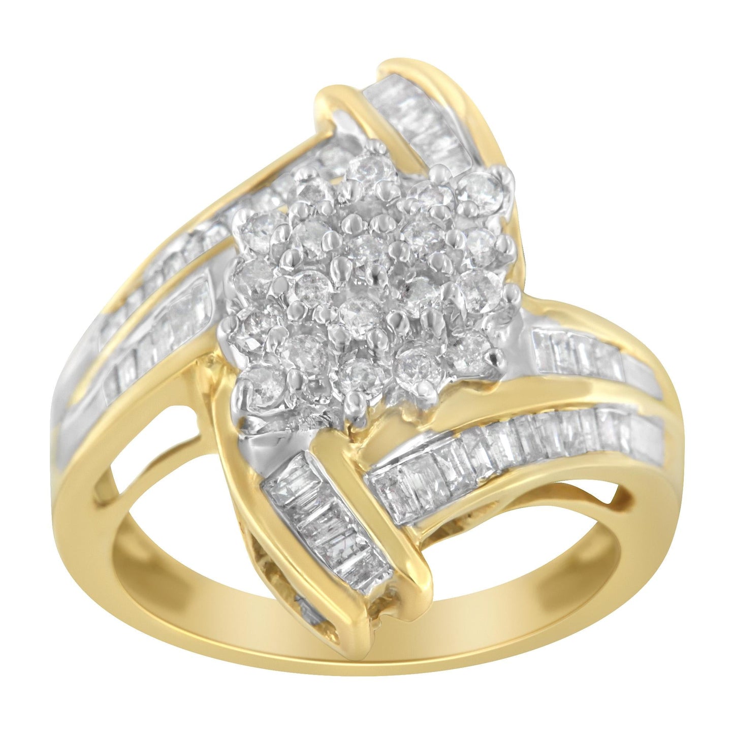 10K Yellow Gold Round and Baguette-Cut Diamond Bypass Cluster Ring (1.0 Cttw