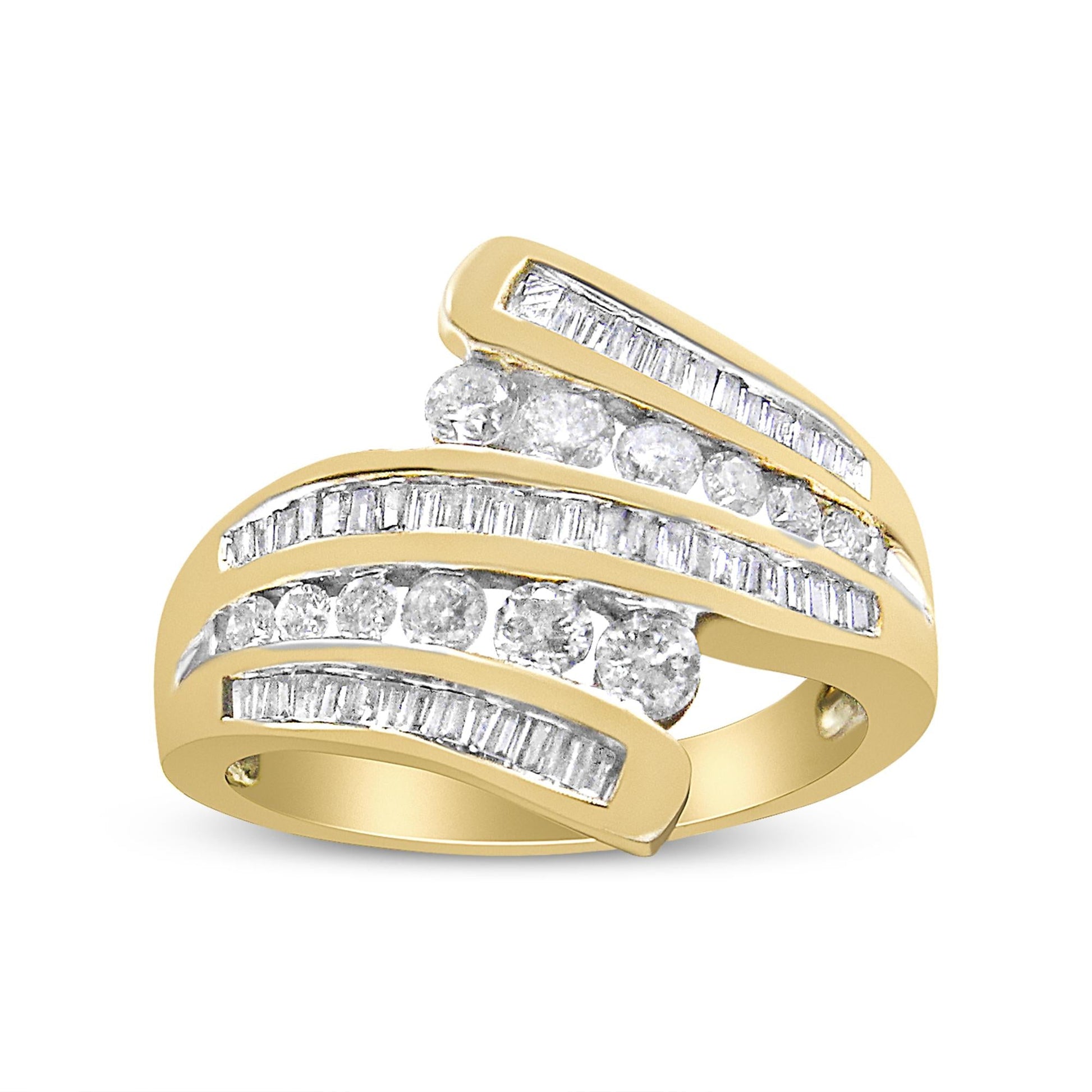 10K Yellow Gold 1 Cttw Round and Baguette-Cut Diamond Multi Row Bypass Ring