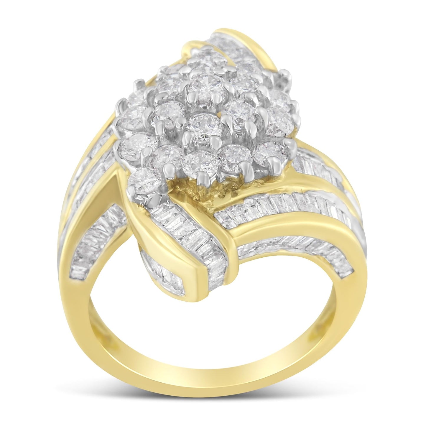 10K Yellow Gold Round and Baguette Diamond Crossover Cluster Ring (3 Cttw I-J