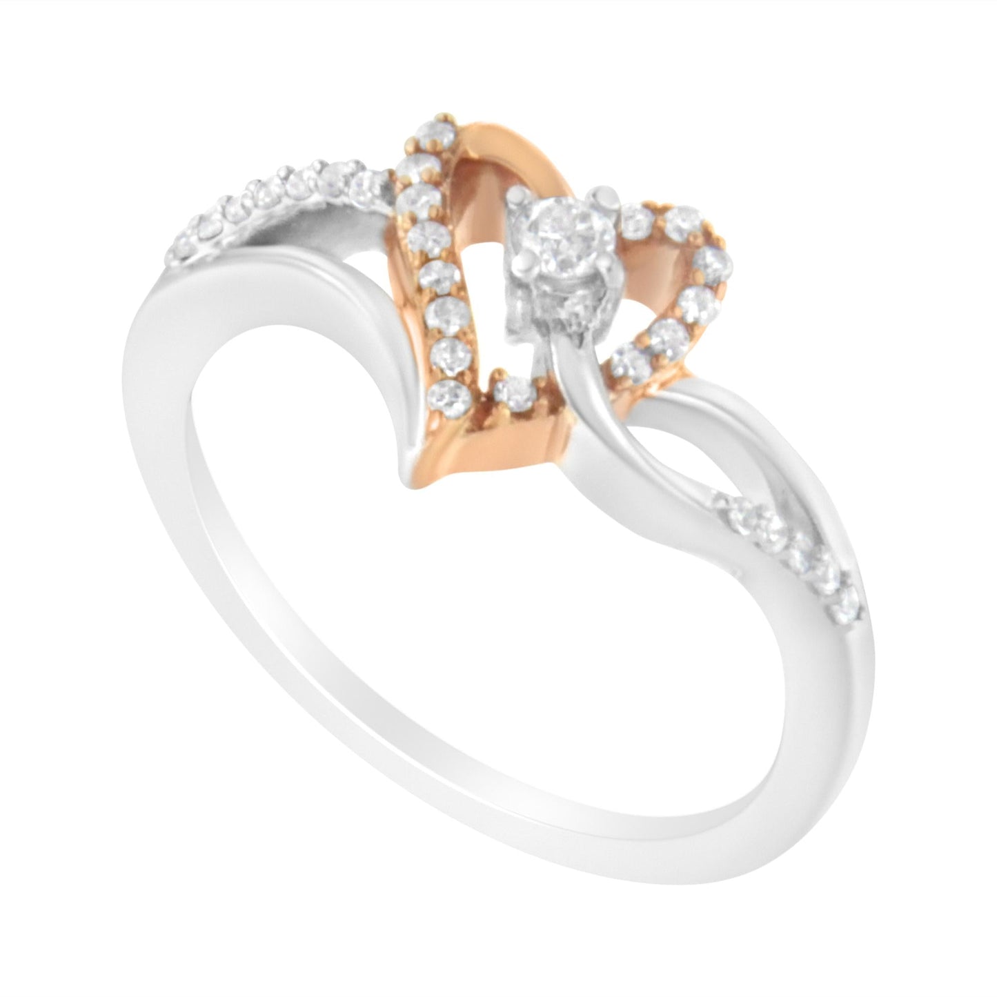 10K Rose Gold Plated.925 Sterling Silver 1/5 Cttw Diamond Two Tone Open Heart