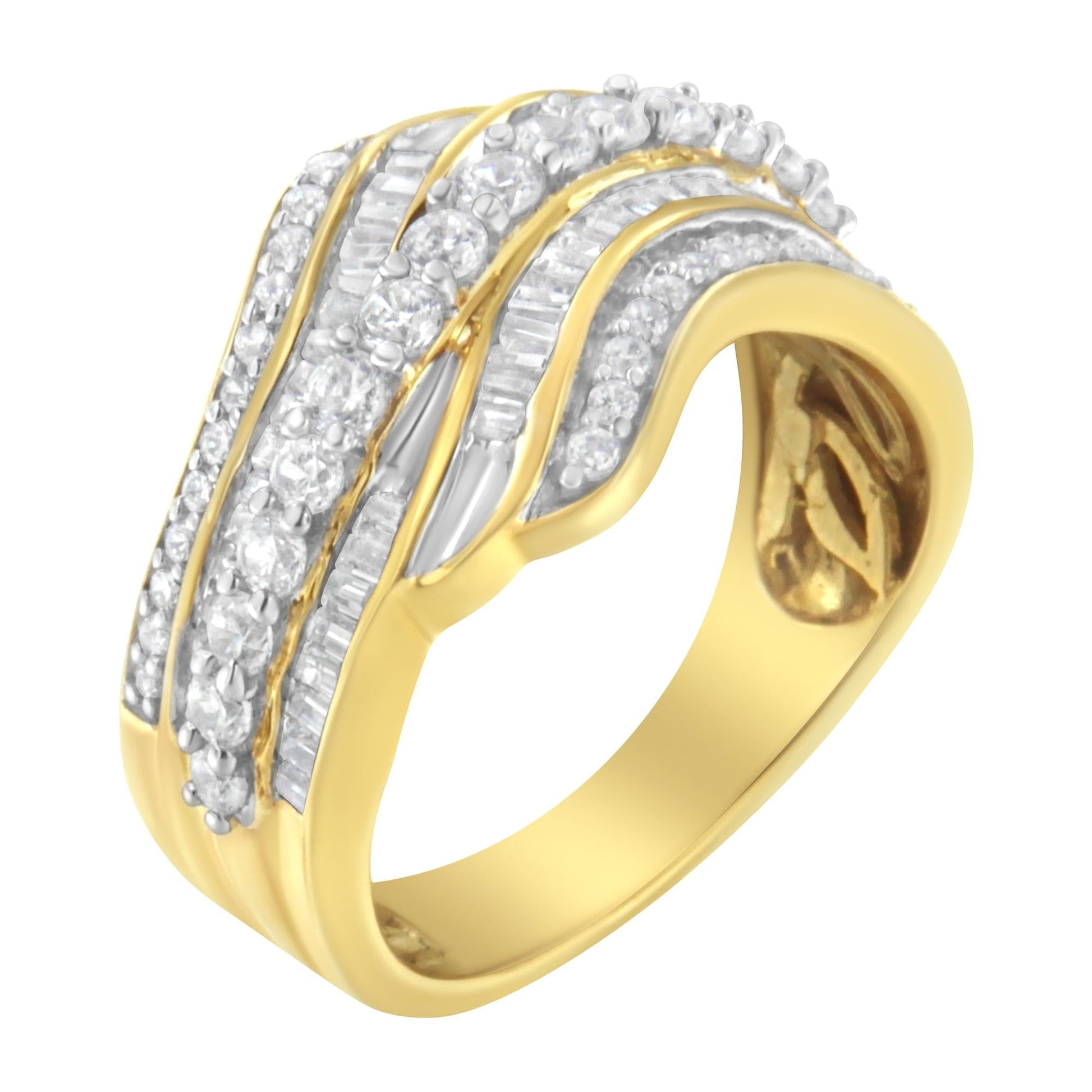 10K Yellow Gold 1.0 Cttw Baguette and Round Diamond Multi-Row Wave Bypass Ring