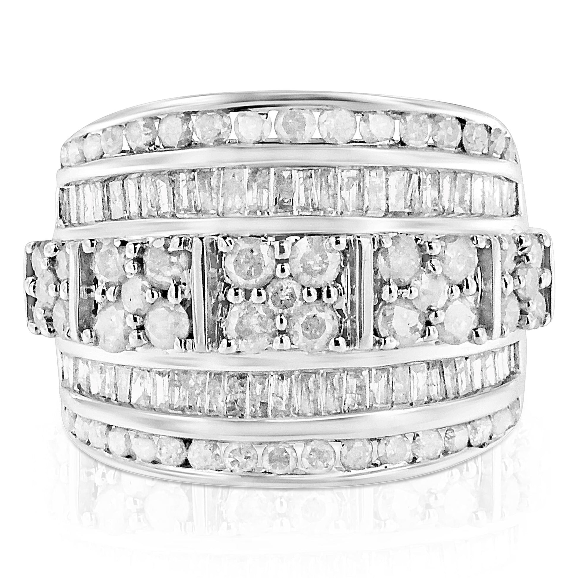 .925 Sterling Silver 2.0 Cttw Round & Baguette Cut Diamond Multi-Row Channel