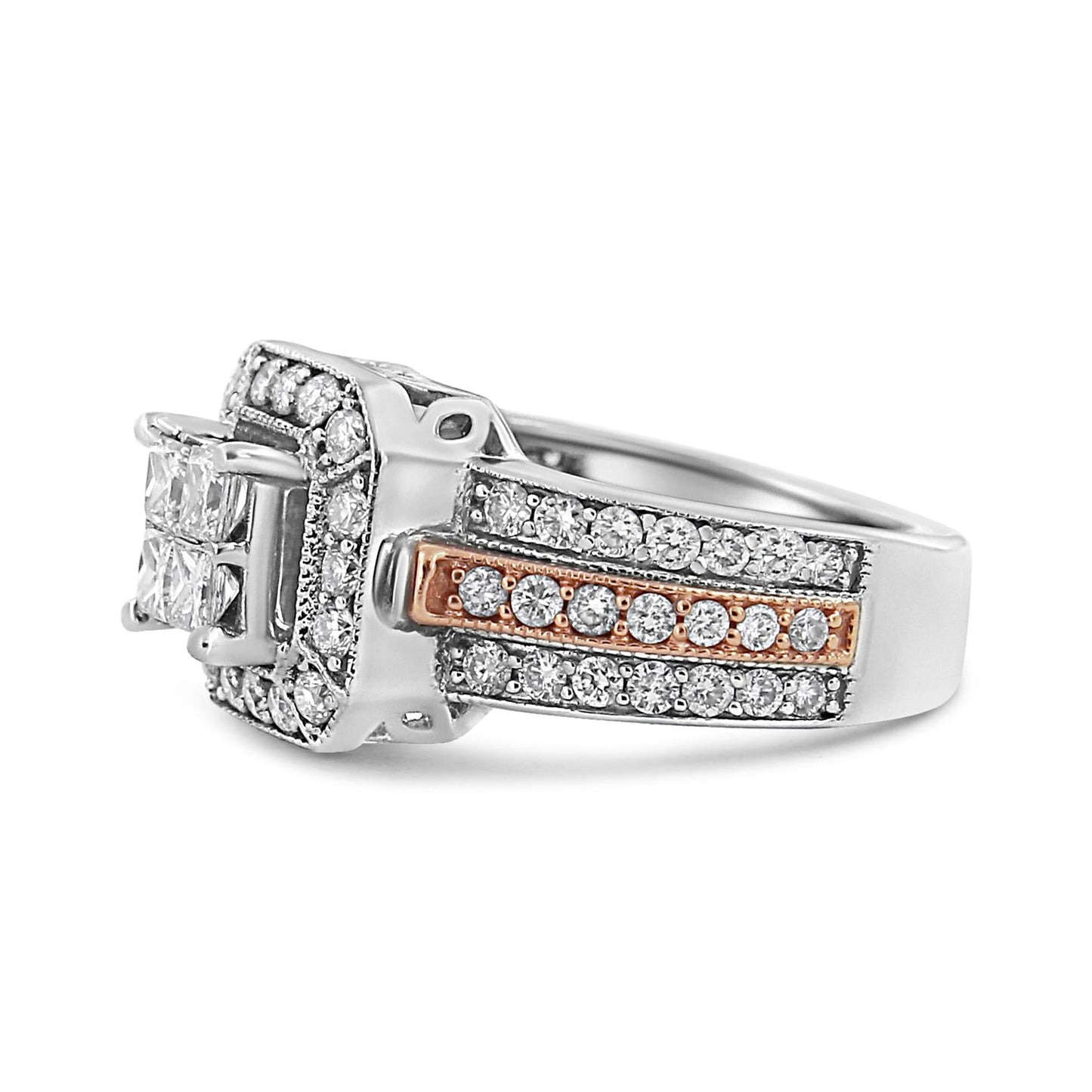 14K White and Rose Gold 1 1/8 Cttw Princess and Round-Cut Diamond Art Deco