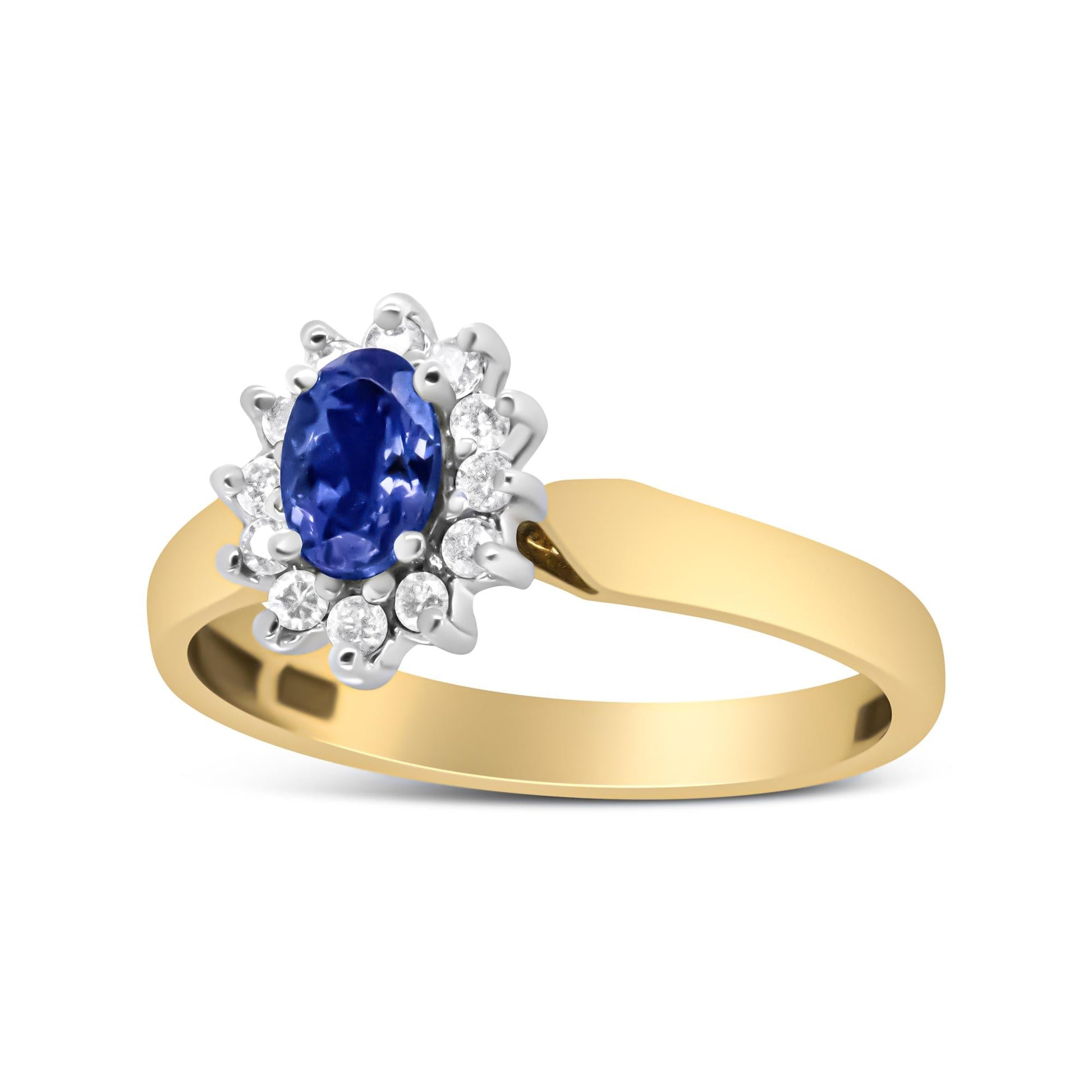 14K Yellow Gold 1/5 Cttw Round Diamond and 6x4mm Oval Blue Tanzanite Halo Ring