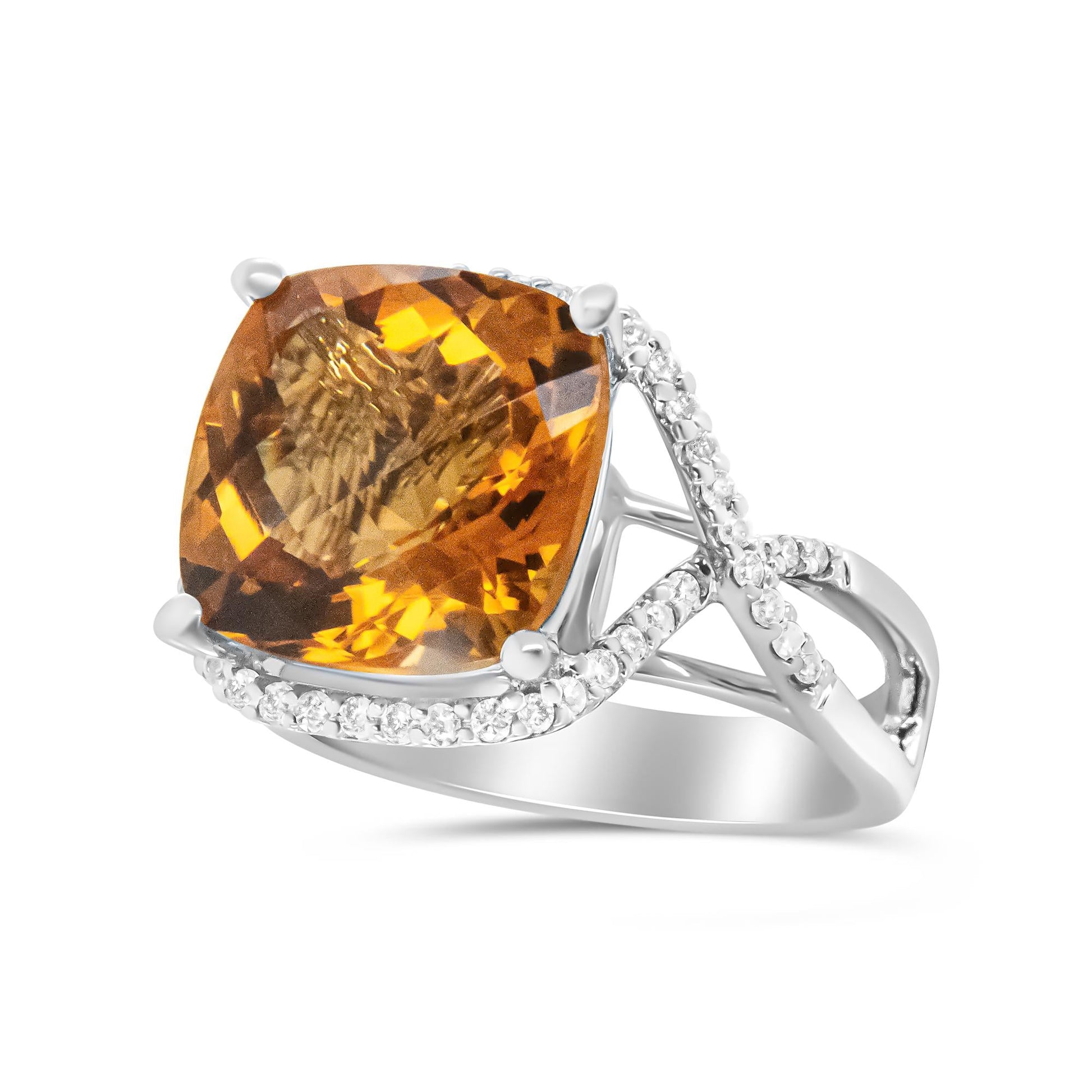 14K White Gold 12mm Cushion Cut Yellow Citrine Gemstone and 1/3 Cttw Round