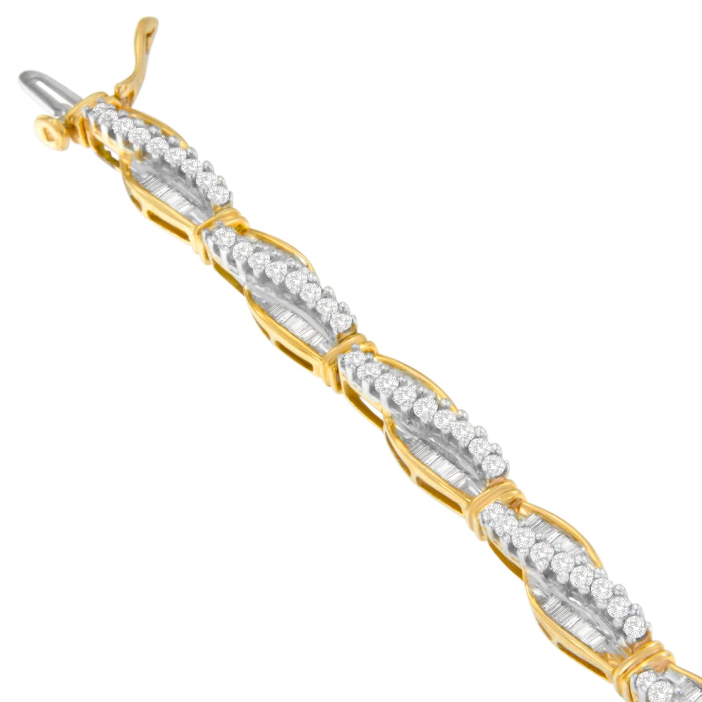 14K Yellow Gold Round and Baguette Cut Winding Love Diamond Bracelet (3.00 cttw