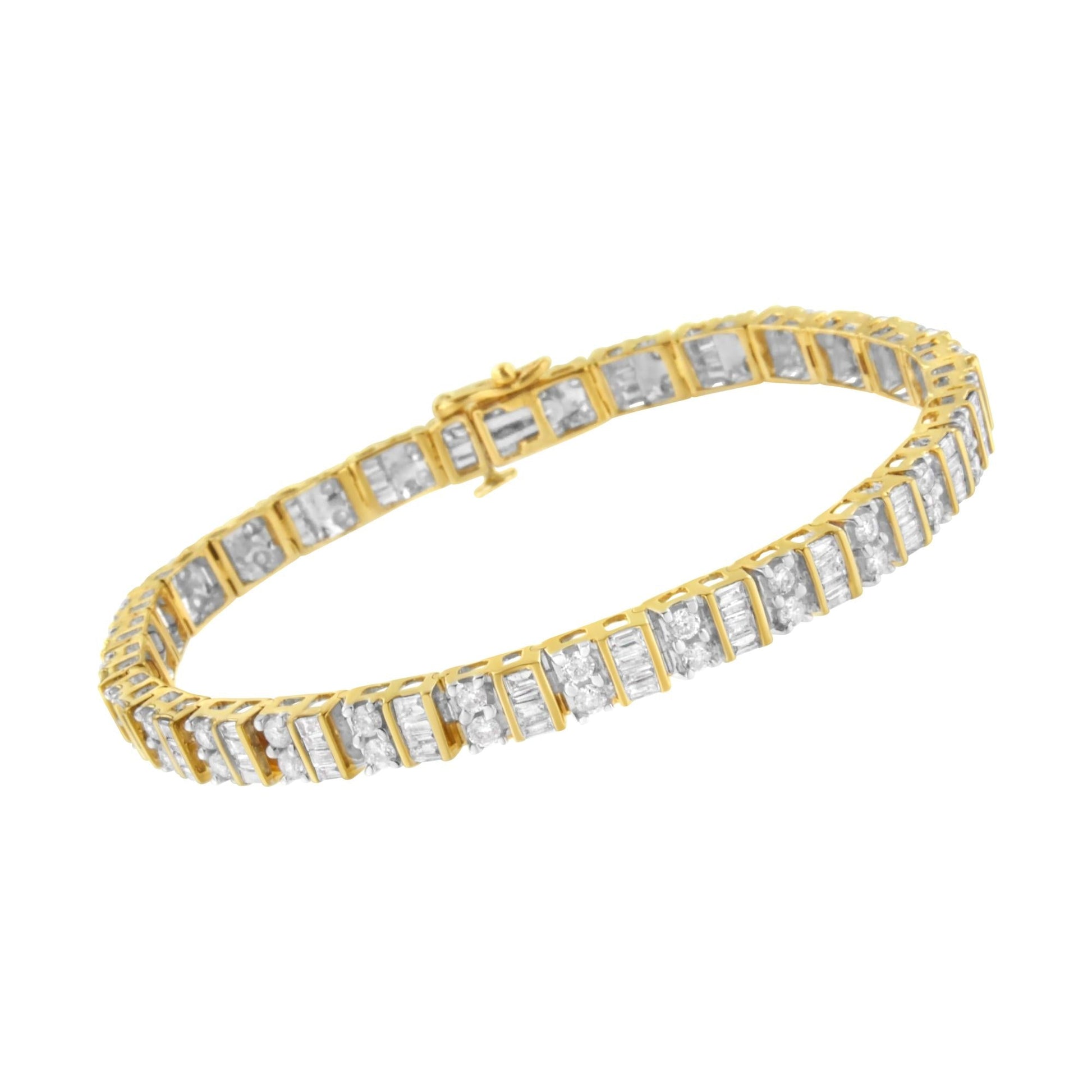 10K Yellow Gold 4.0 Cttw Alternating Baguette & Round Cut Diamond Bezel- &