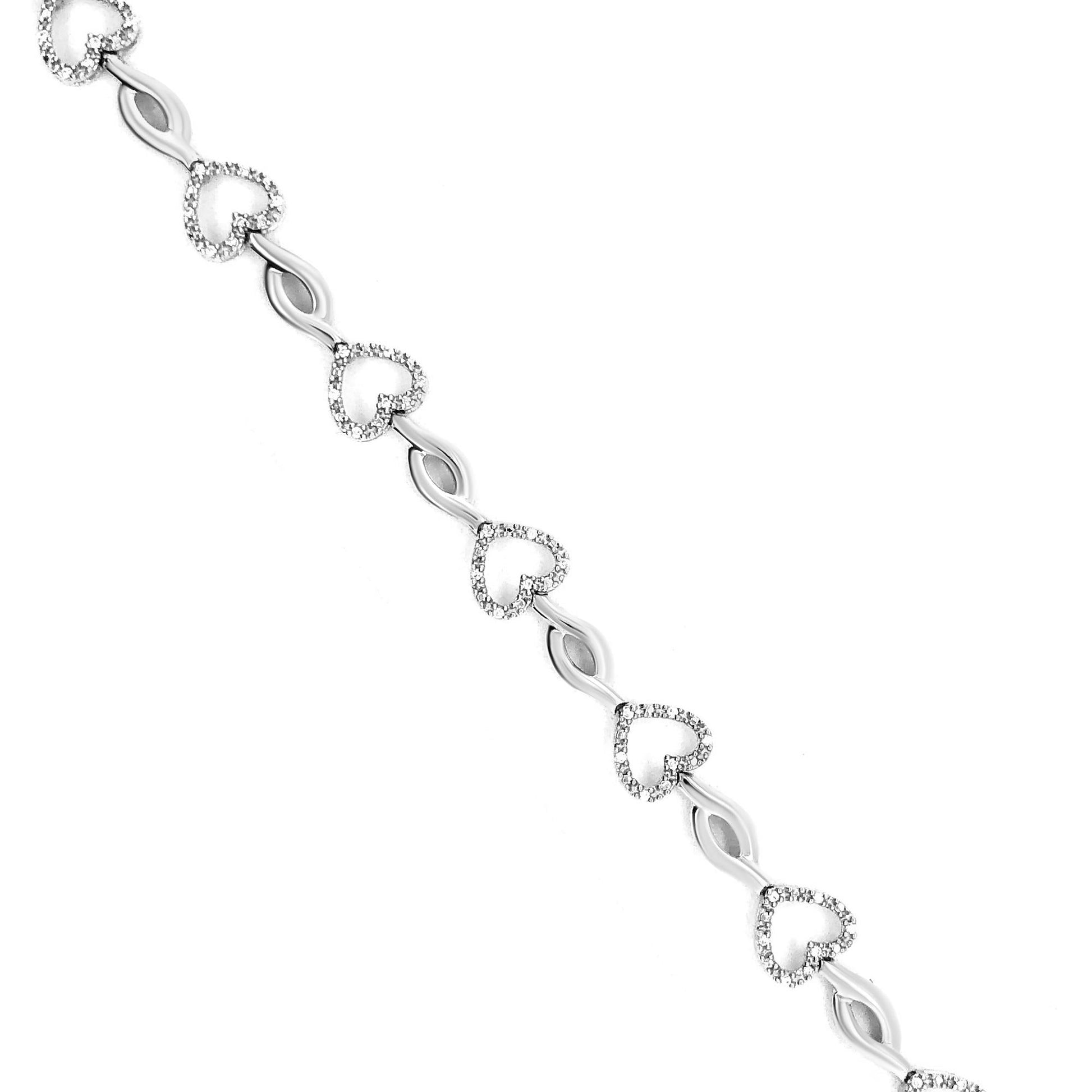 .925 Sterling Silver 1/4 Cttw Round-Cut Diamond Alternating Heart and Leaf Link