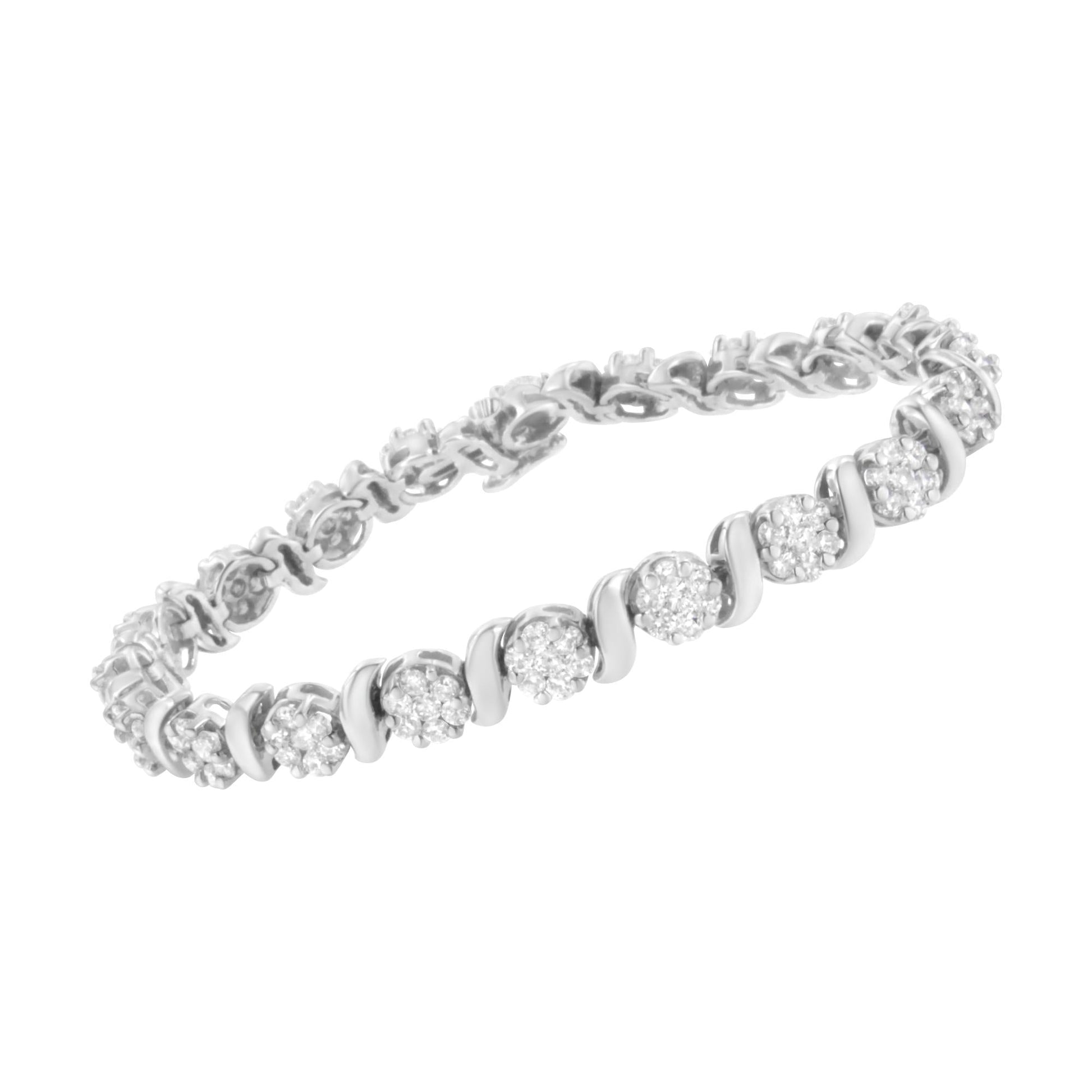 14K White Gold 5 1/4 cttw Diamond S-Link Floral Cluster Tennis Bracelet (I-J