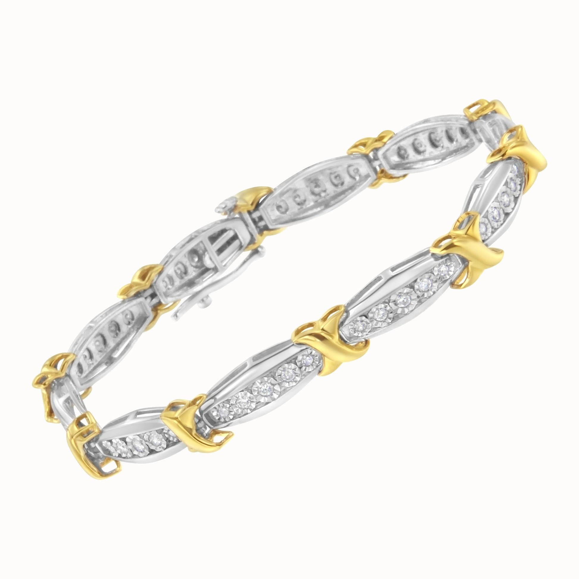 10K Yellow Gold Plated.925 Sterling Silver Two Tone 3/4 CttwDiamond X & O Link