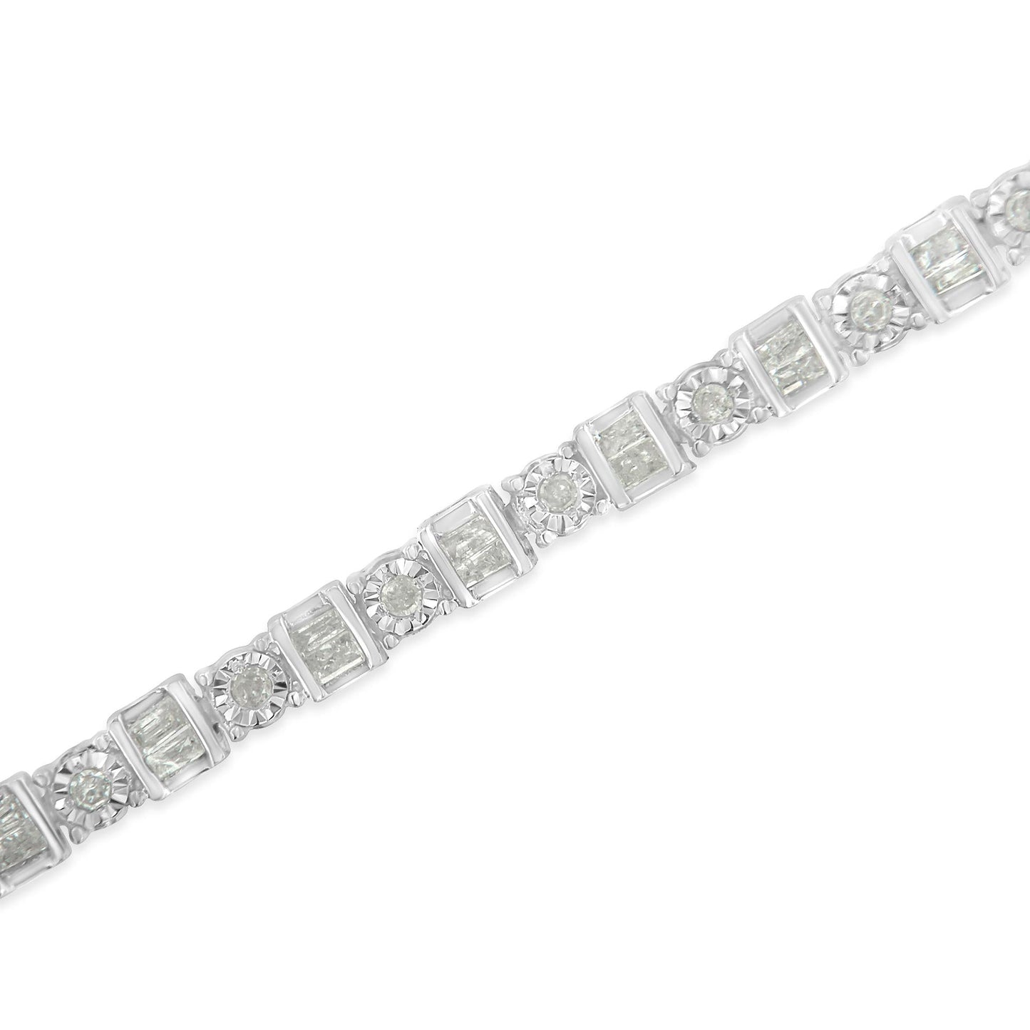 .925 Sterling Silver 1.0 Cttw Round & Baguette Cut Diamond 7" Alternating Round and Square Station Tennis Bracelet (I-J Color, I3 Clarity)