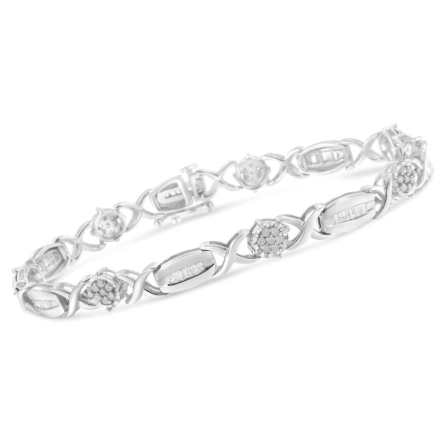 .925 Sterling Silver 1.0 Cttw Round-Cut and Baguette-Cut Diamond X-Link