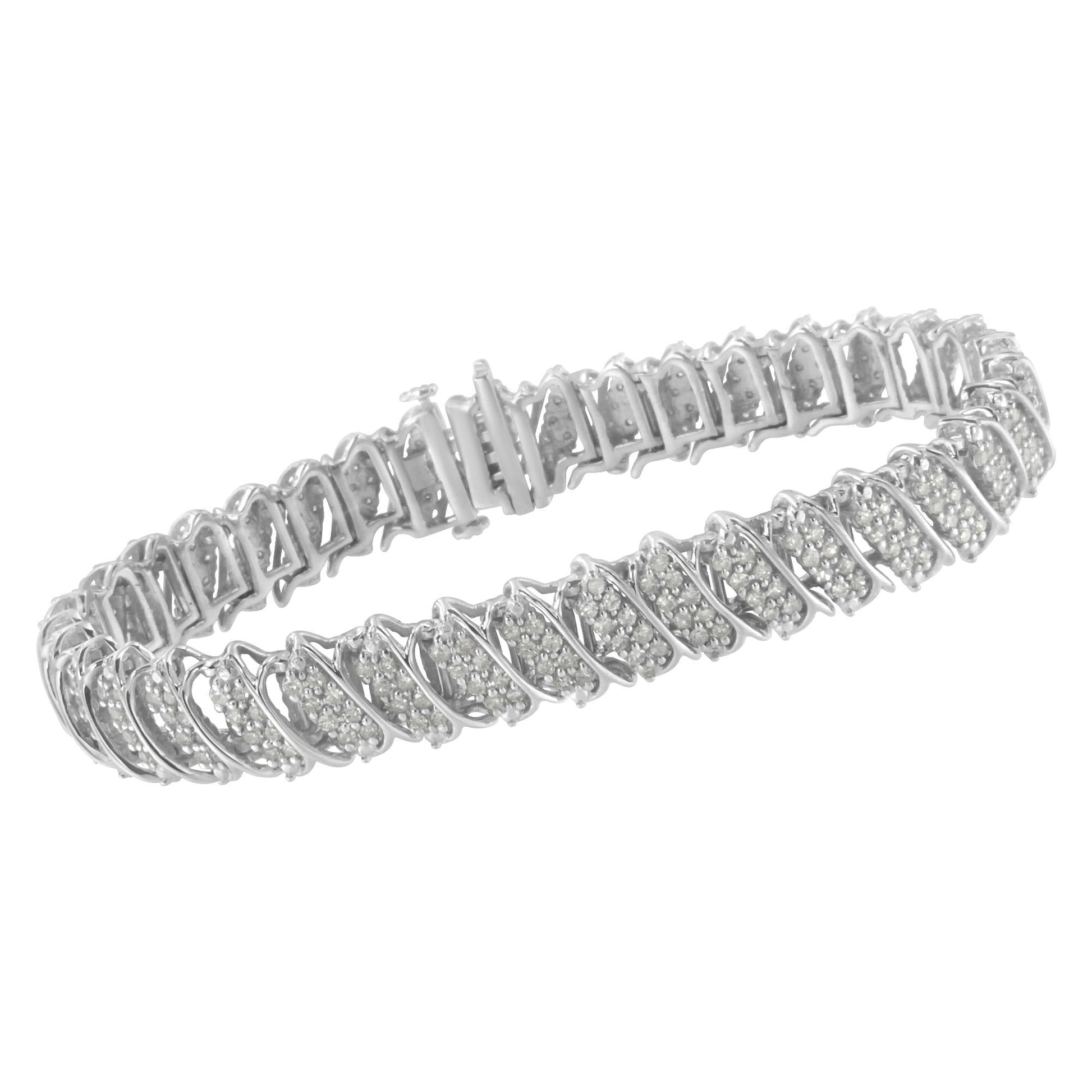 .925 Sterling Silver 3.0 Cttw Diamond Multi Row Cluster Slanted Wave Link