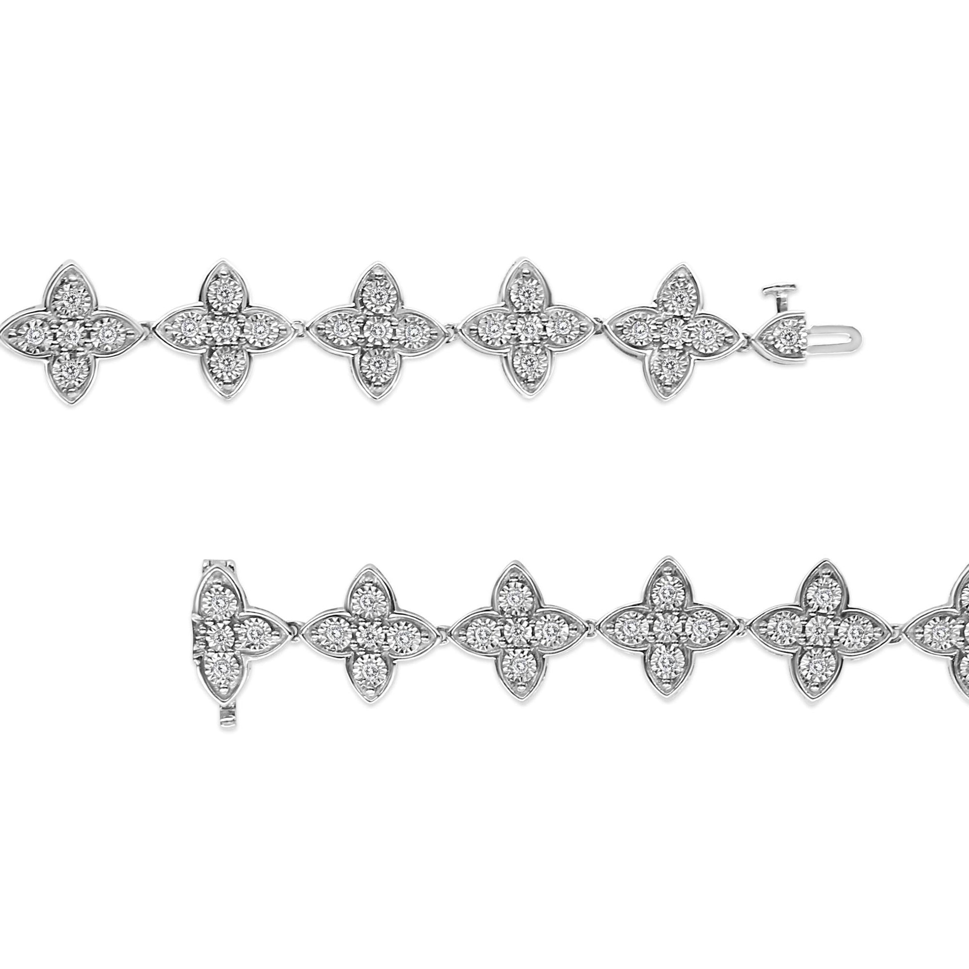 .925 Sterling Silver 1 cttw Miracle-Set Diamond 4 Leaf Clover Link Bracelet