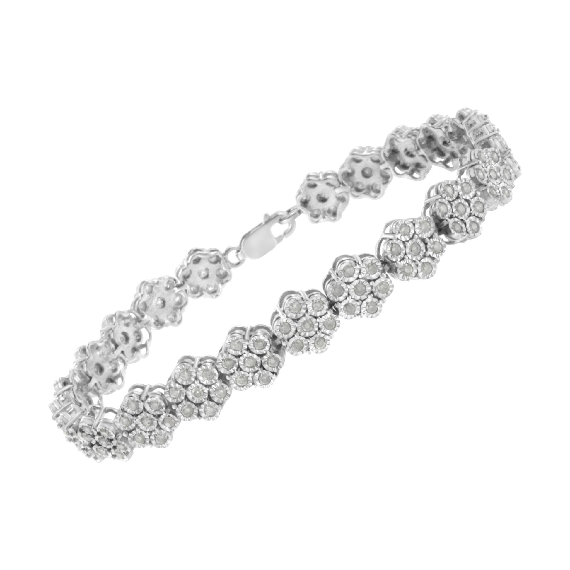 .925 Sterling Silver 2.0 cttw Diamond 7 Stone Floral Cluster Link Bracelet (I-J