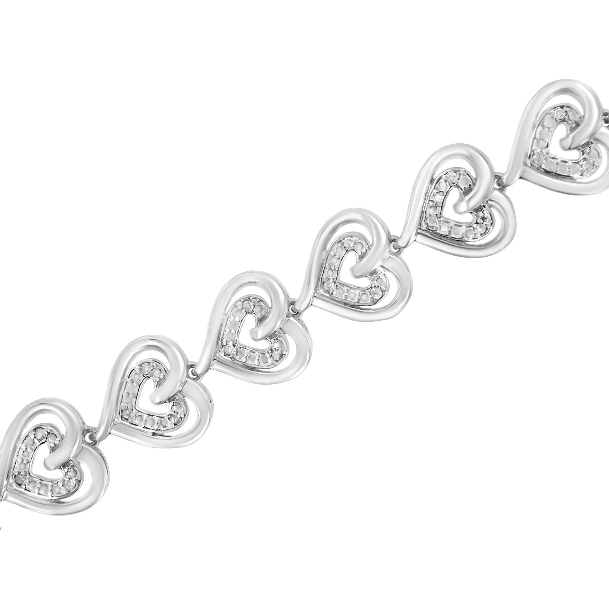 .925 Sterling Silver 1/4 Cttw Round-Cut Diamond Double Heart Link Bracelet (I-J