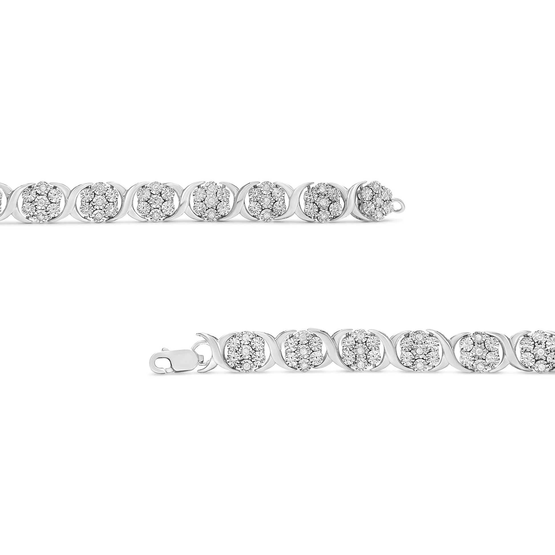 .925 Sterling Silver 1/2 Cttw Diamond 7 Stone Floral Cluster Link Bracelet (I-J