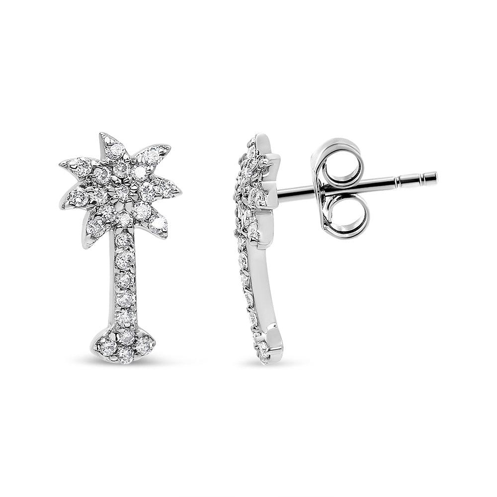 14K White Gold 1/4 Cttw Diamond Palm Tree Push Back Stud Earrings (K-L Color