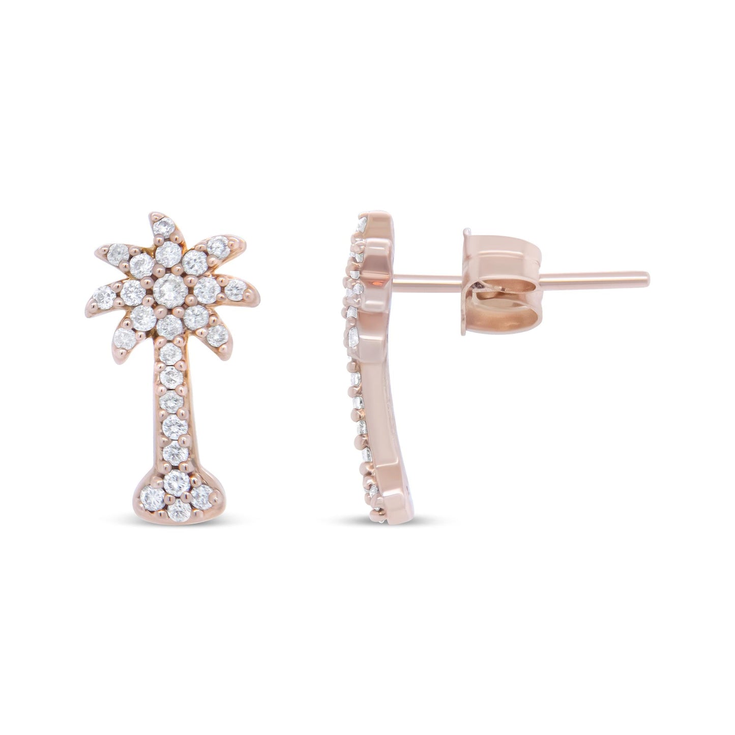 10K Rose Gold 1/4 Cttw Diamond Palm Tree Push Back Stud Earrings (H-I Color