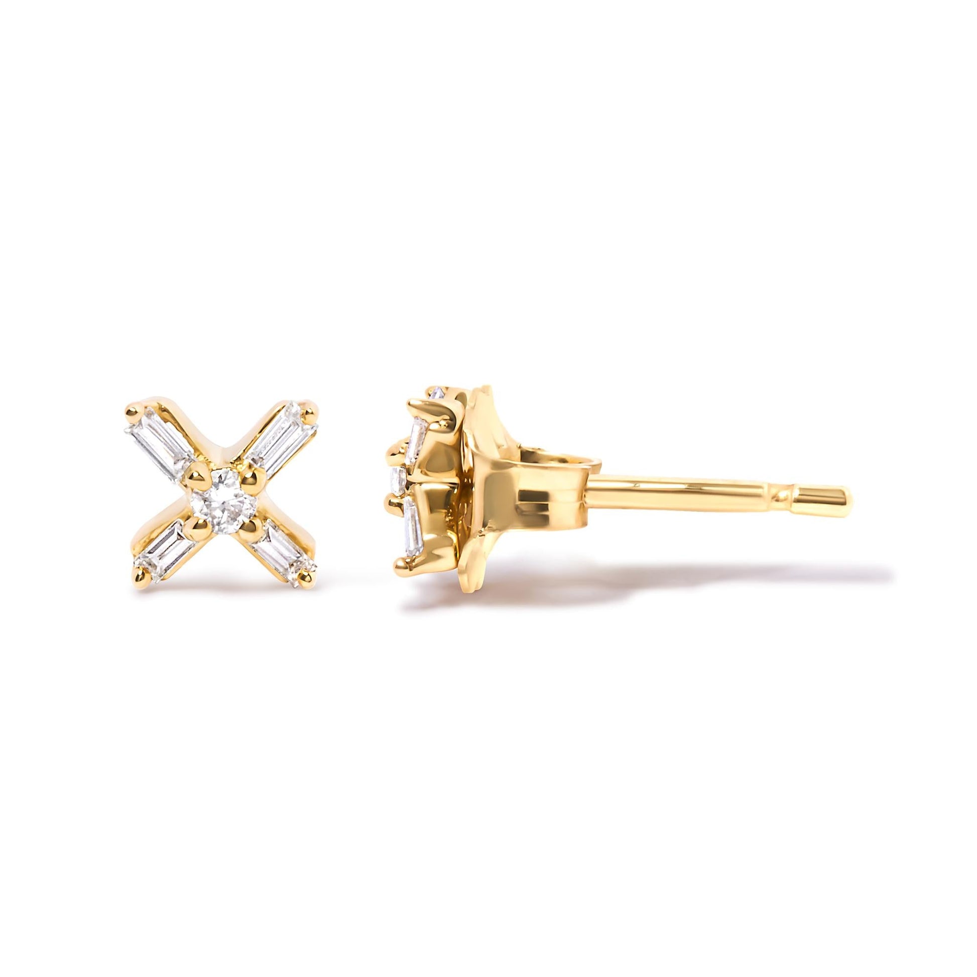 10K Yellow Gold 1/10 Cttw Round and Baguette Diamond Criss Cross X Stud Earring