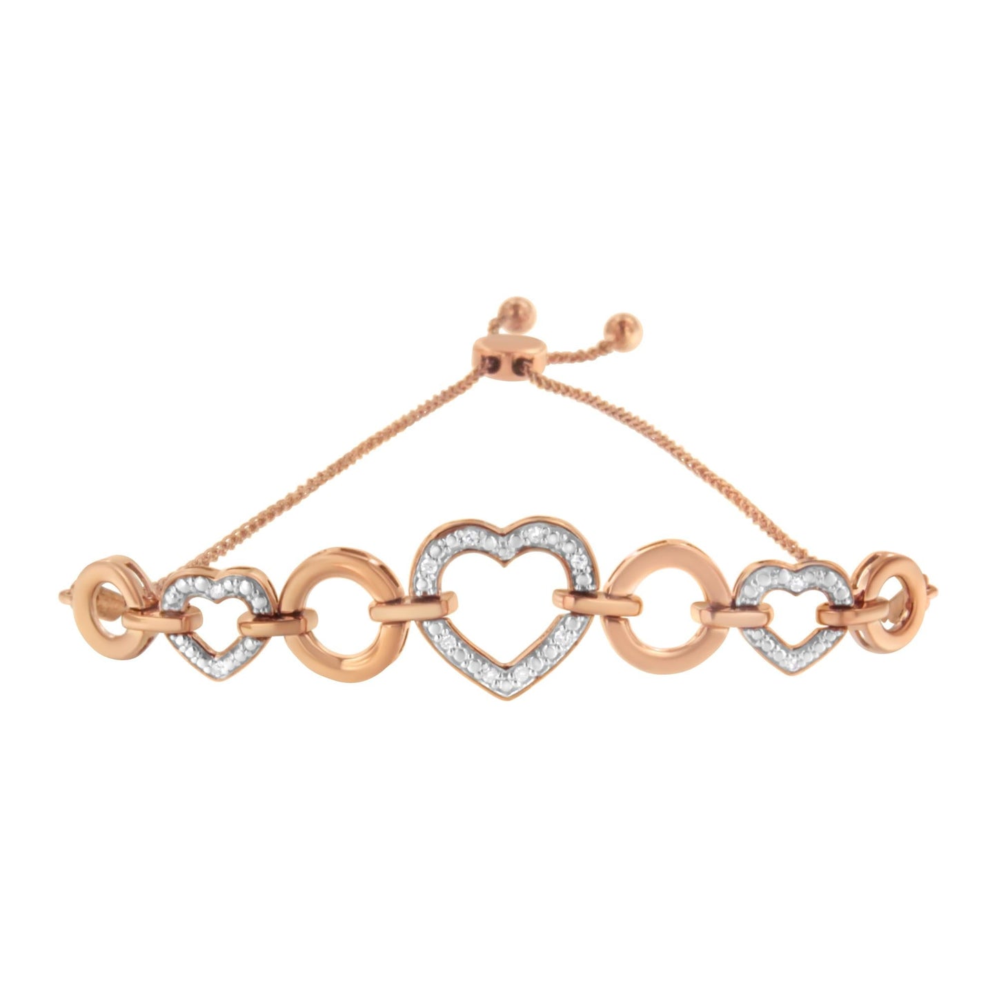 10K Rose Gold over .925 Sterling Silver 1/10 Cttw Round-Cut Diamond Heart Link Adjustable Bolo Bracelet (H-I Color, I2-I3 Clarity) - 6"-9" Adjustable