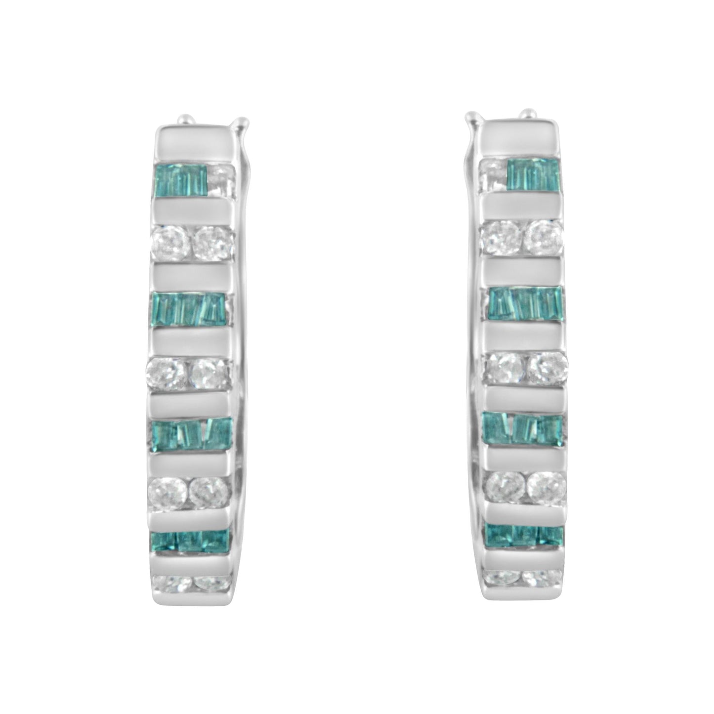 10k White Gold Round and Blue Baguette Diamond Hoop Earrings (0.50 cttw, I-J Color, I2-I3 Clarity)