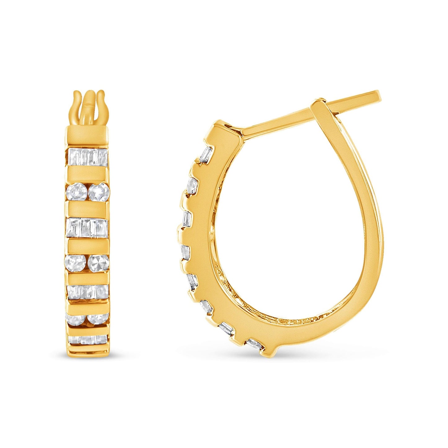 10K Gold Round and Baguette-Cut Diamond Hoop Earrings (I-J Color I2-I3 Clarity)