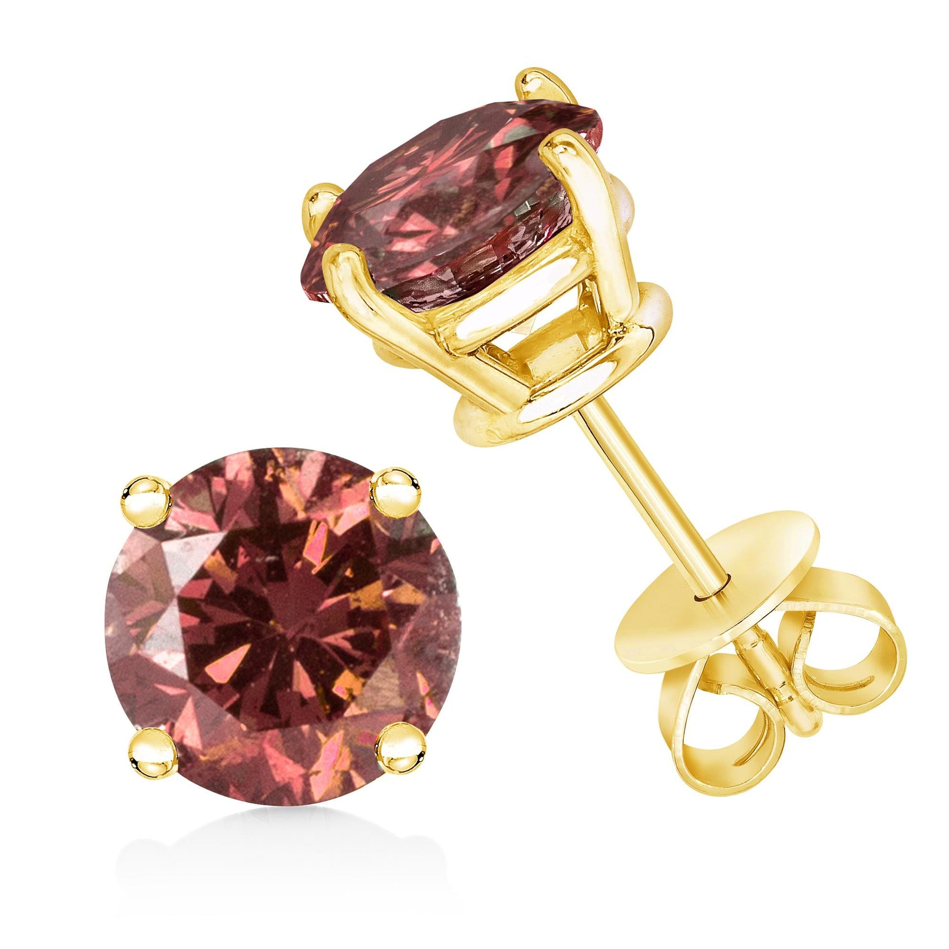 14K Gold 4-Prong Set Round Brilliant-Cut Pink Diamond Solitaire Stud Earrings