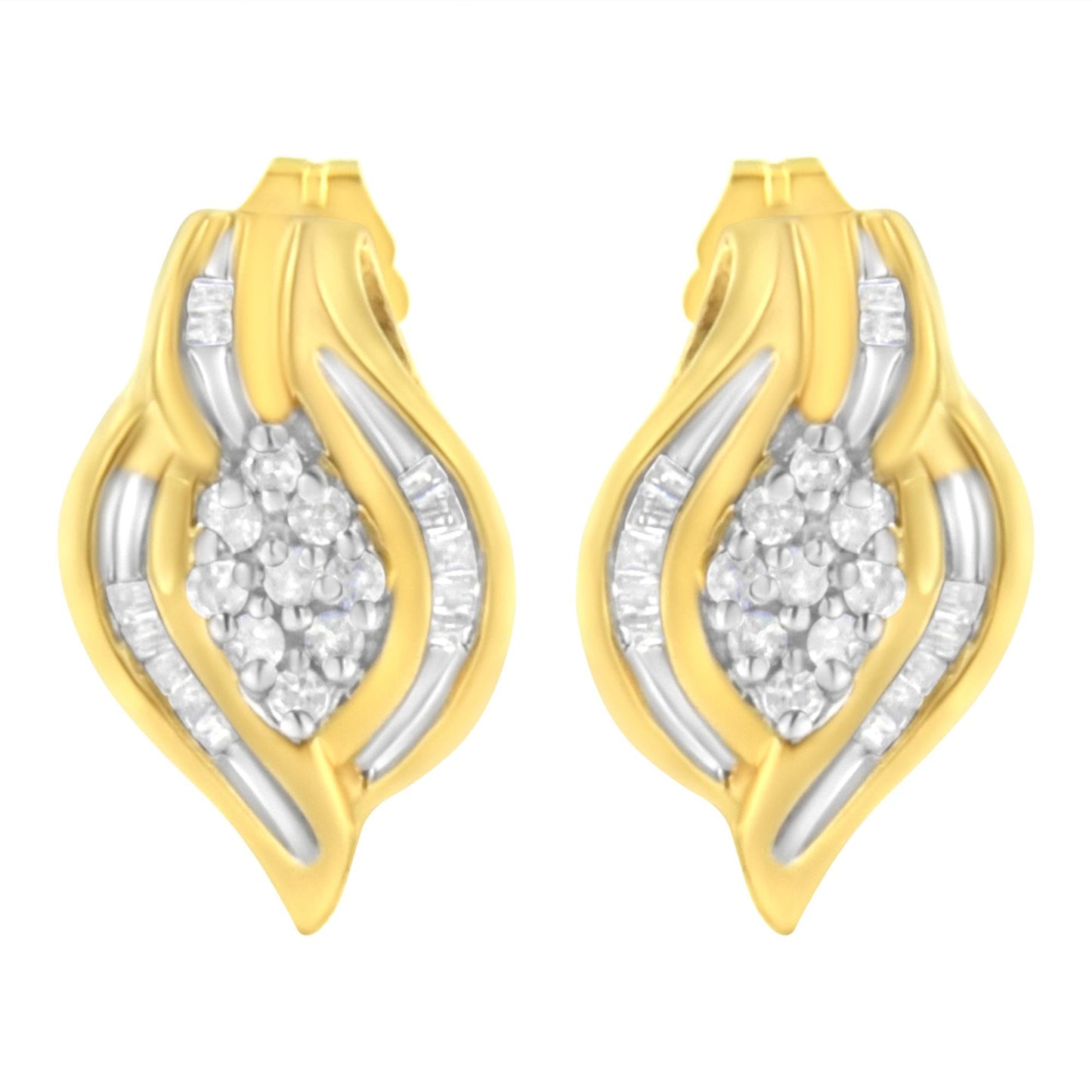 10K Yellow Gold 1/3 cttw Round-Cut Diamond Cluster and Swirl Stud Earrings (J-K Clarity, I2-I3 Color)