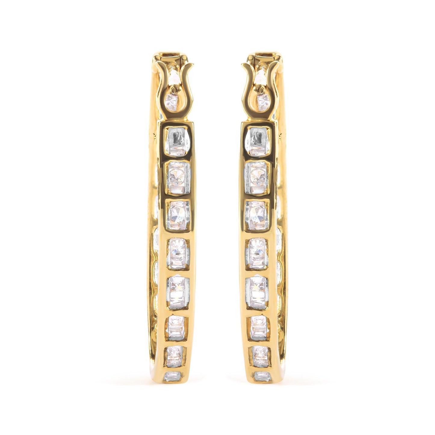 10K Yellow Gold 1.00 Cttw Round and Baguette-Cut Diamond U-Hoop Earrings (H-I