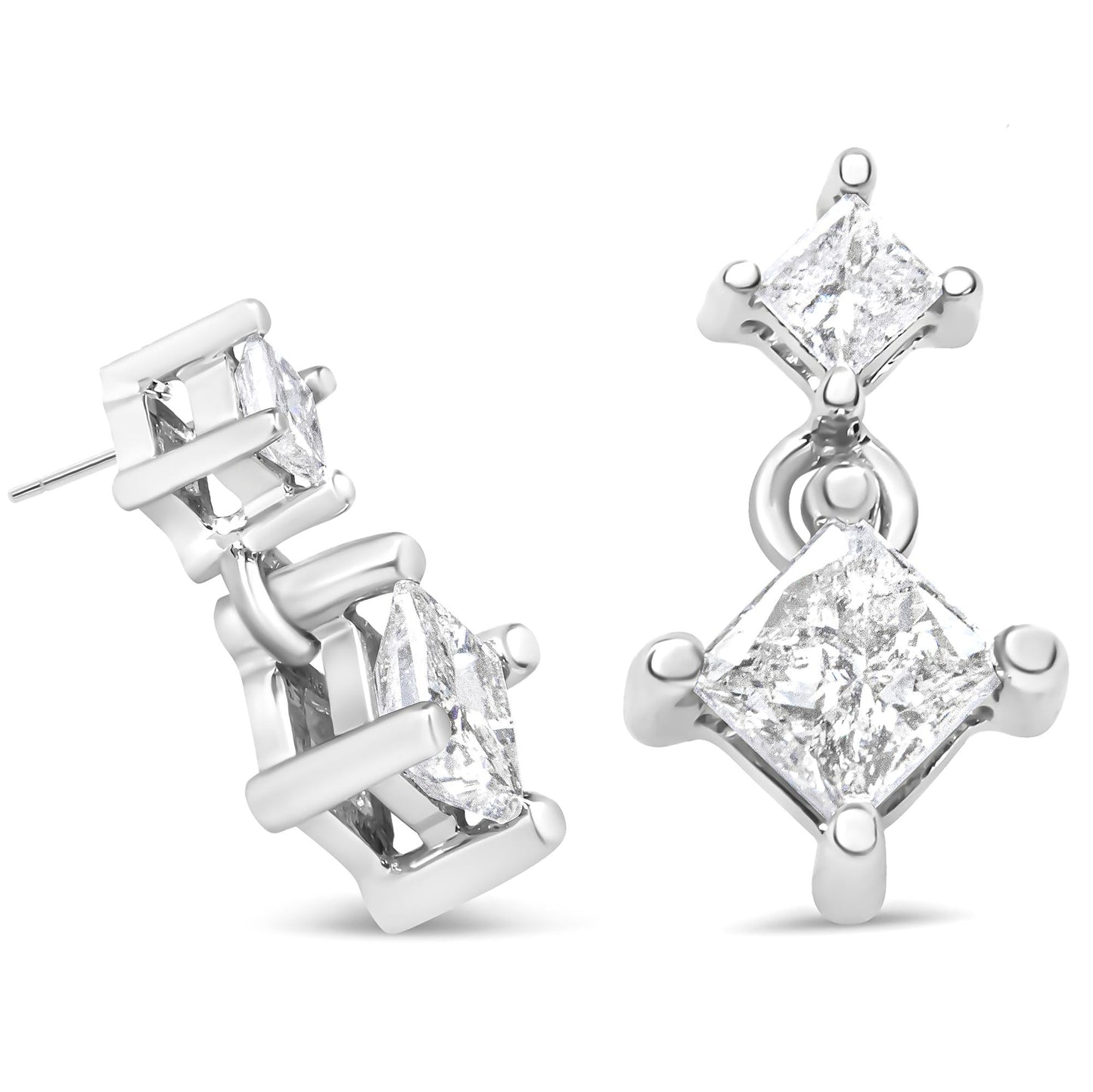 14K White Gold 3/8 Cttw Princess-Cut Diamond Double Dangle 2 Stone Stud Drop