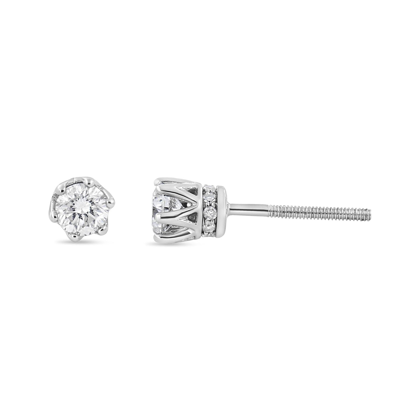 14K White Gold 1/2 Cttw Round Diamond 6 Prong Crown Stud Earrings (I-J Color