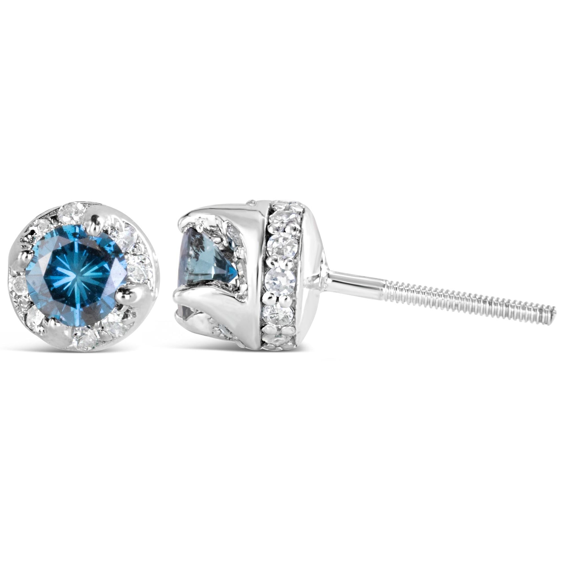 14K White Gold 1.00 Cttw Treated Blue and White Diamond Hidden Halo Stud