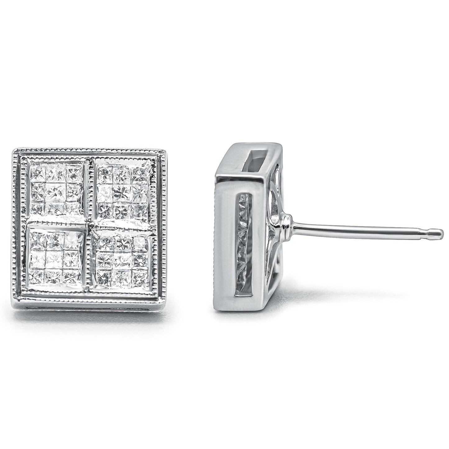 14K White Gold 1/2 Cttw Princess Diamond Composite Box Shape Milgrain Stud