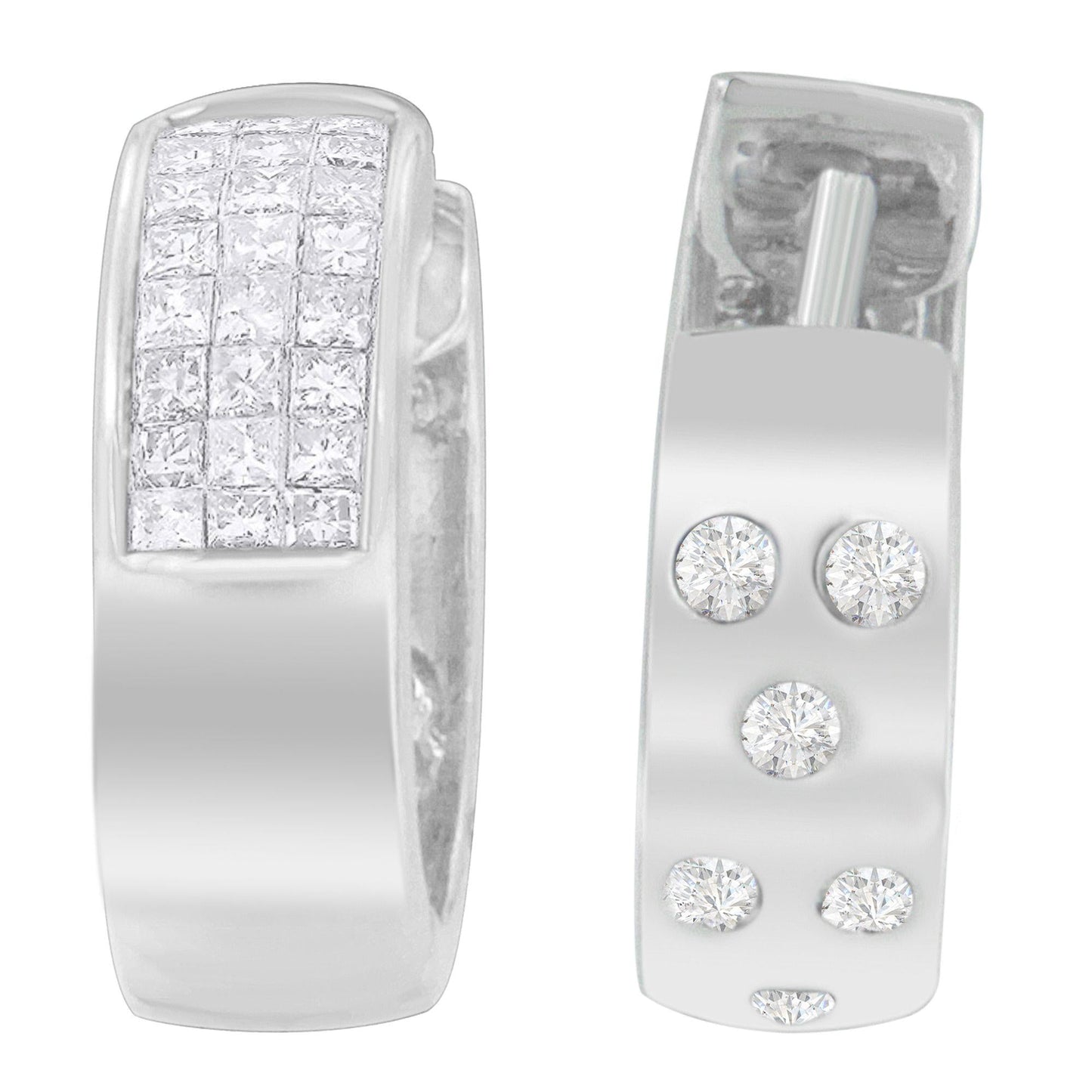 14K White Gold 1 1/8 cttw Princess and Round Cut Diamond Huggie Earrings (H-I